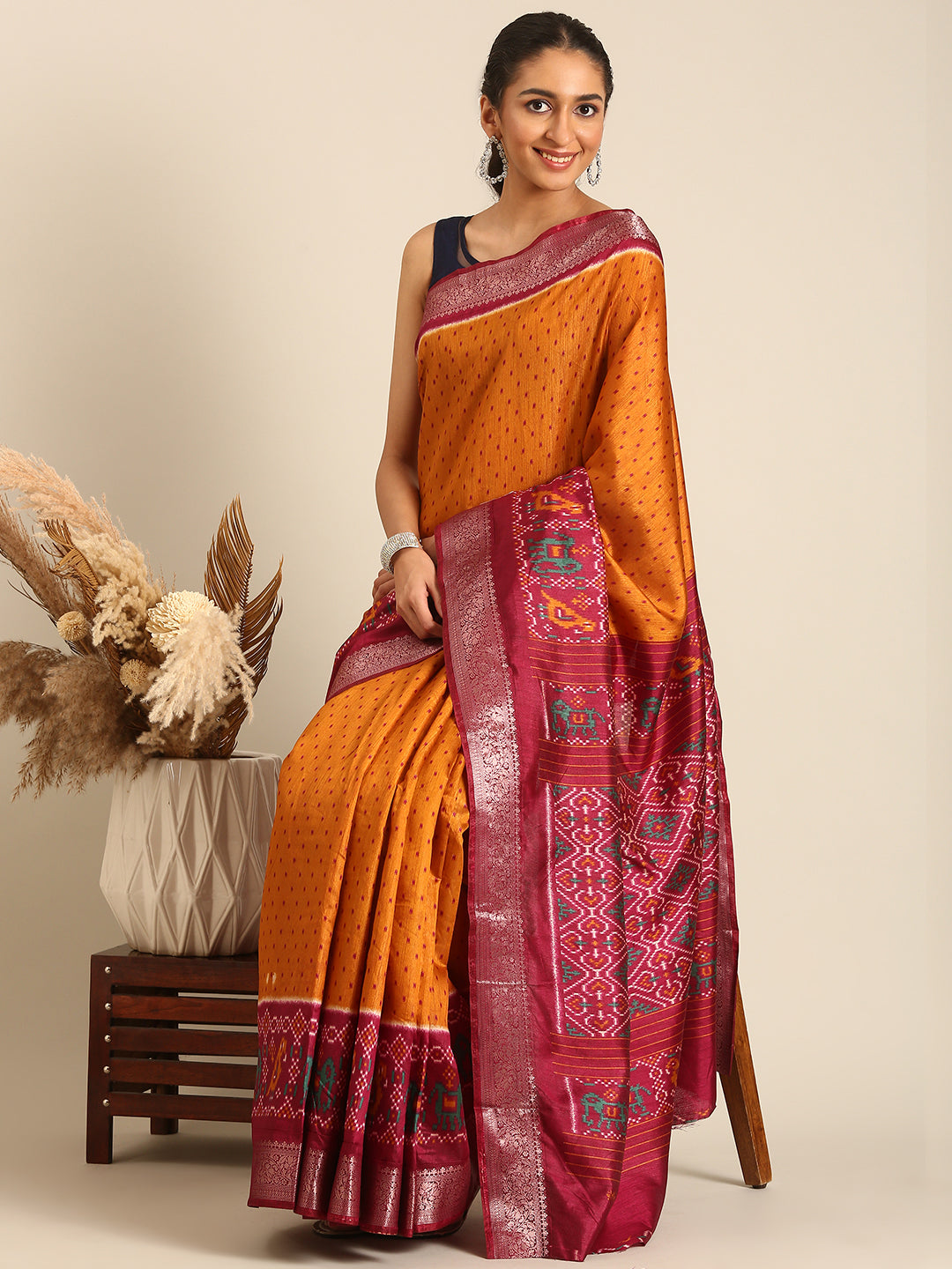 Saanvi - Yellow Printed Art Silk Saree