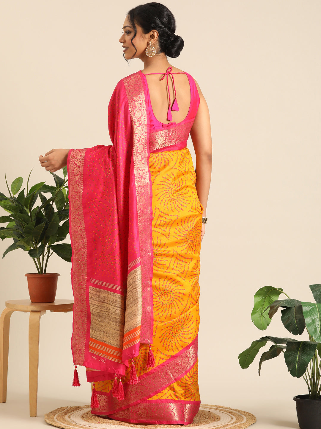 Vanya–Yellow Pink Printed Weaving Silk Saree