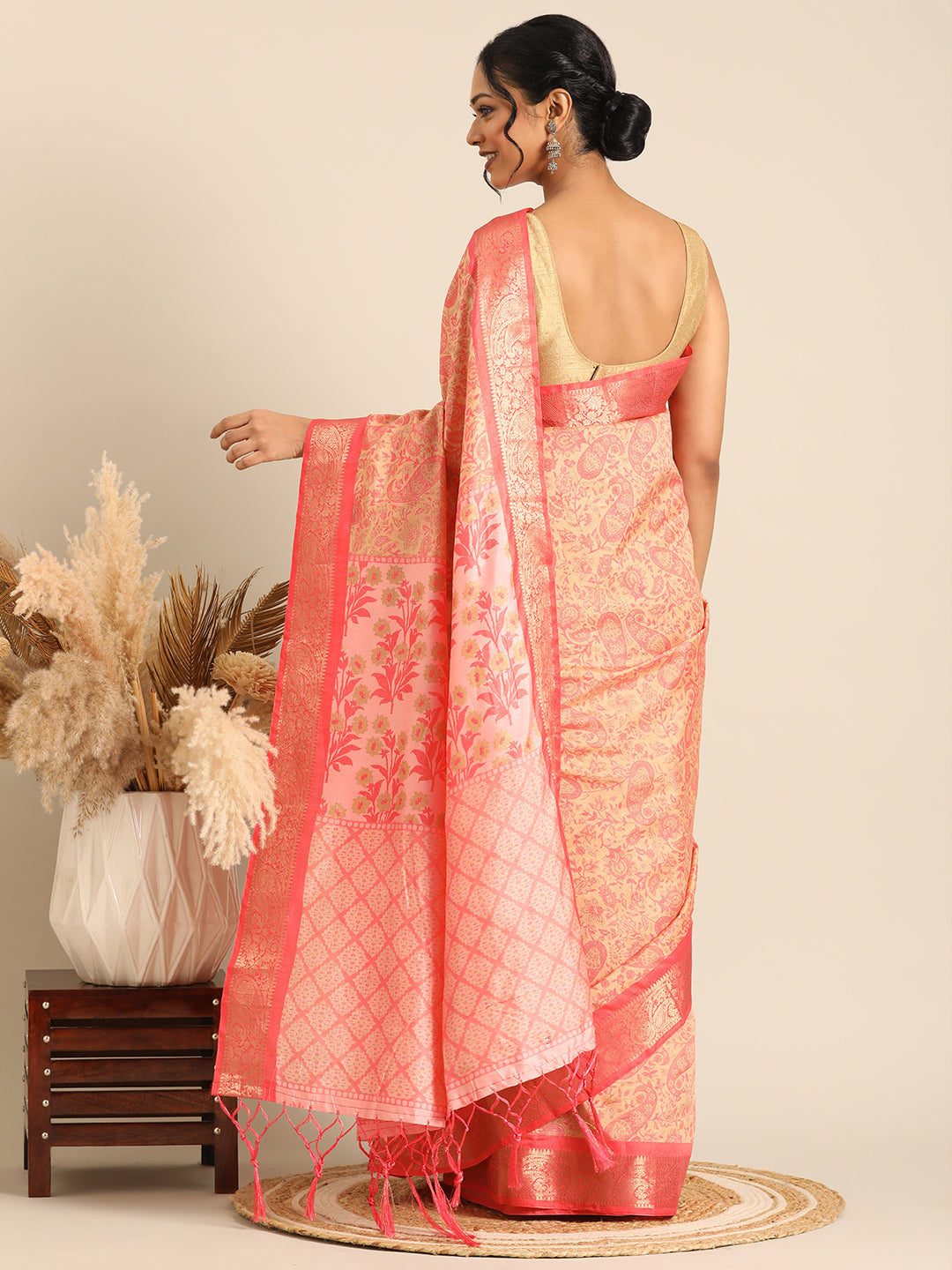 Niraaya–Peach Printed Soft Silk Saree