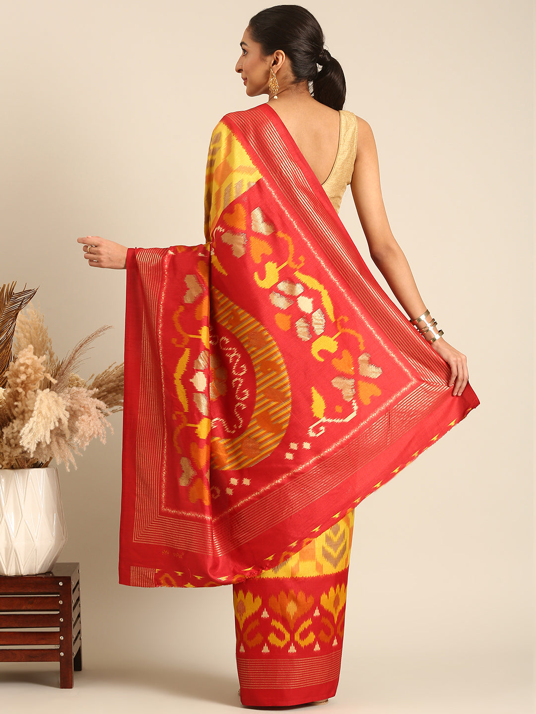 Tanta - Yellow & Red Printed Soft Silk Saree