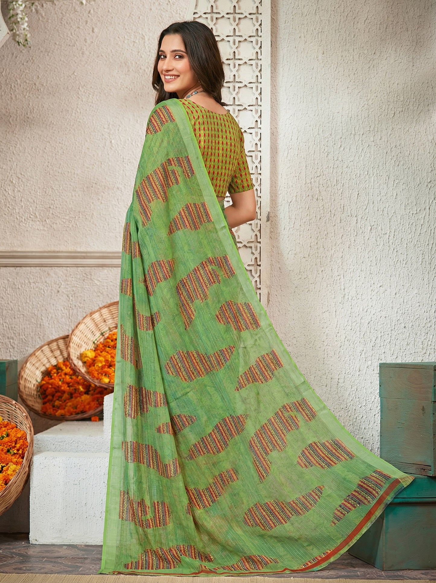Urvashi - Lime Green Chiffon Printed Saree with Lace Border