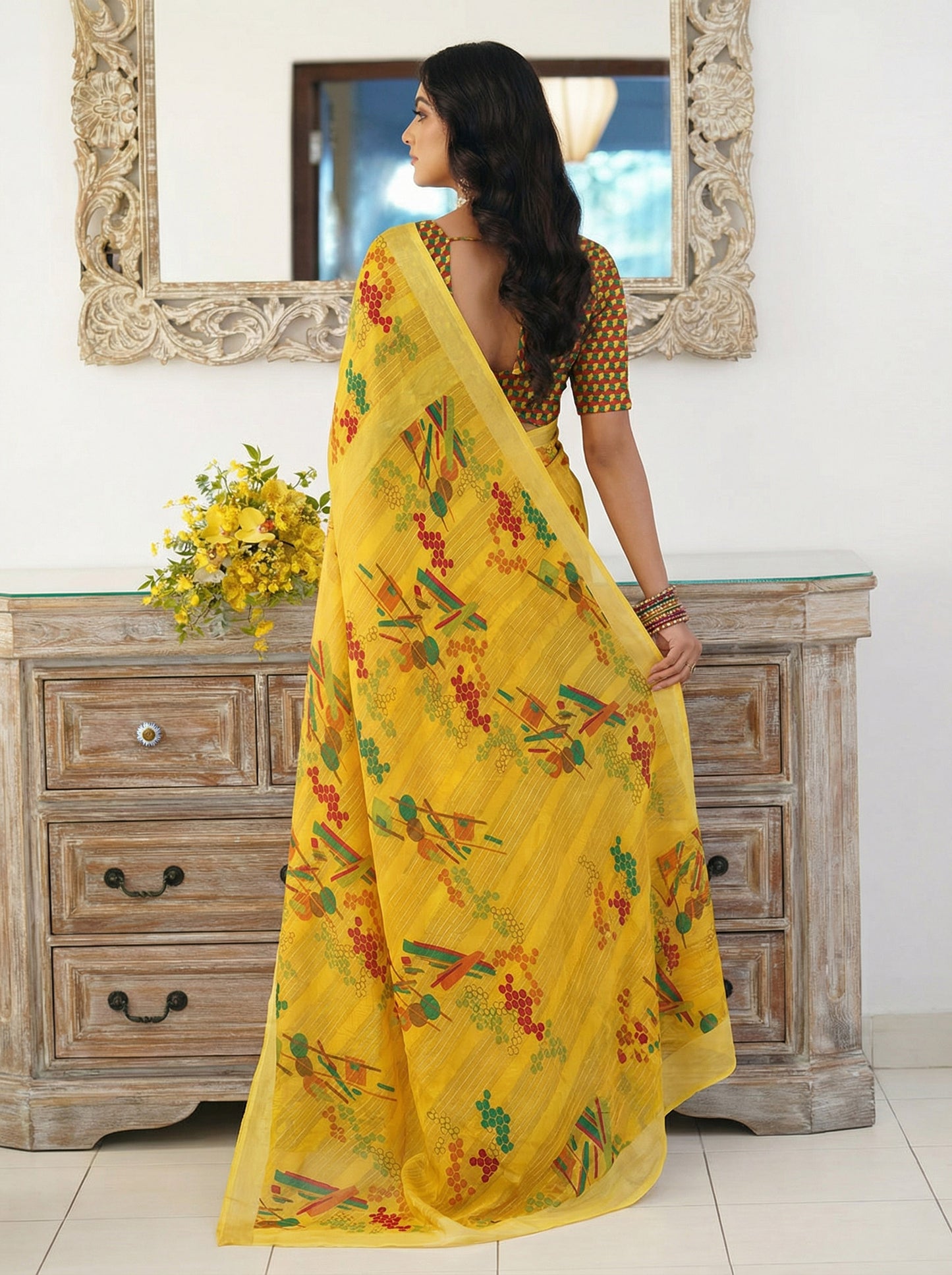 Urvashi - Yellow Chiffon Printed Saree with Lace Border