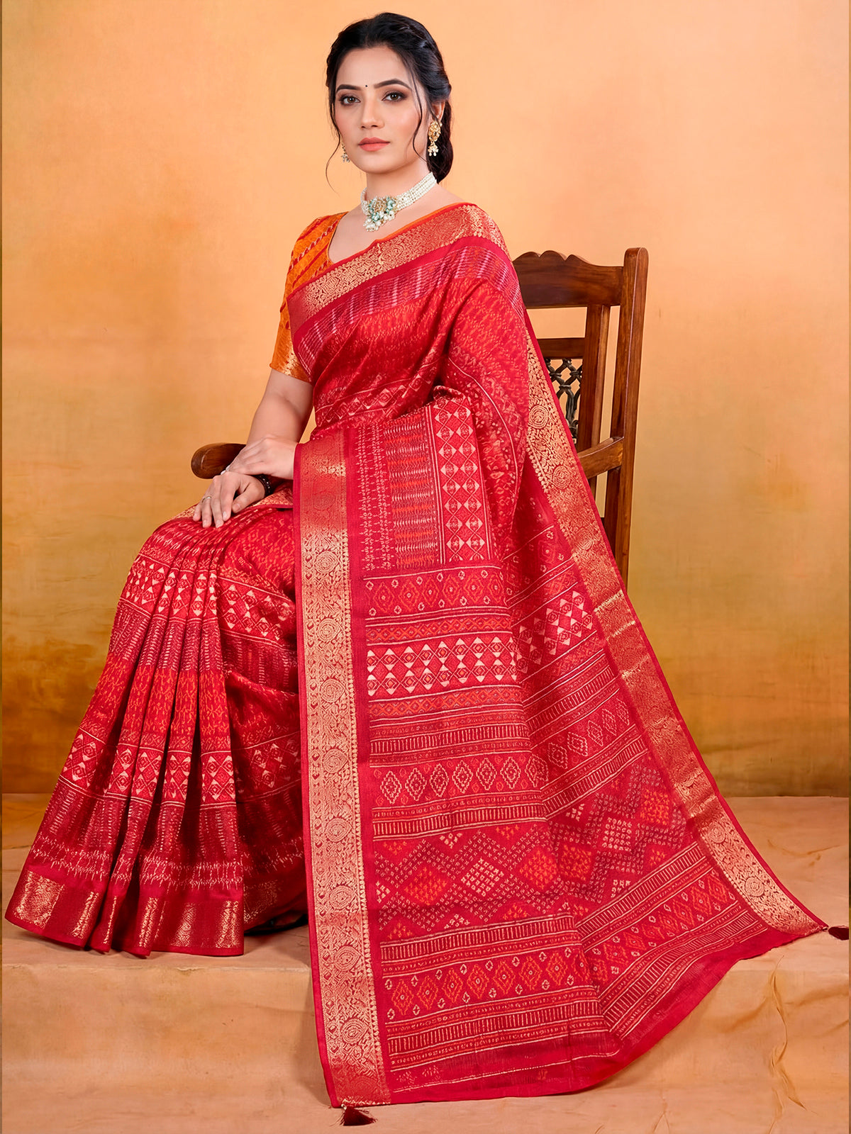 Kashmir Beauty - Red Printed Soft Silk Saree with Tassels