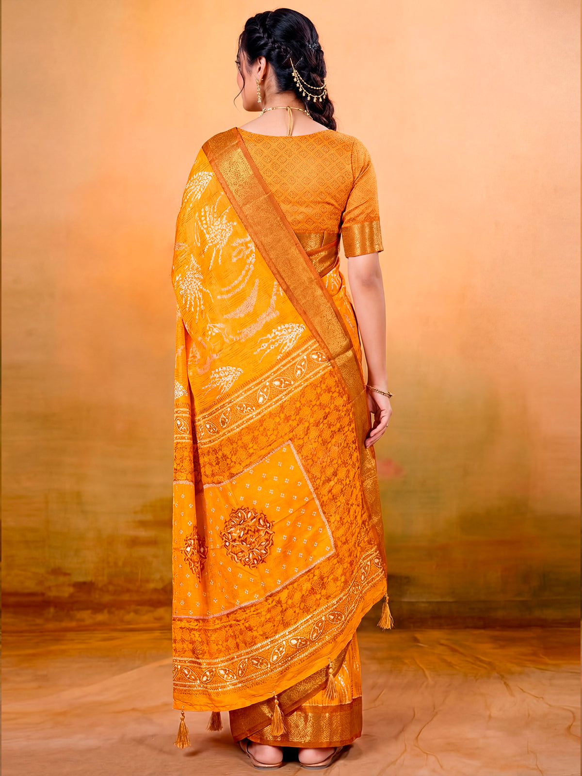 Kashmir Beauty - Orange Printed Soft Silk Saree with Tassels