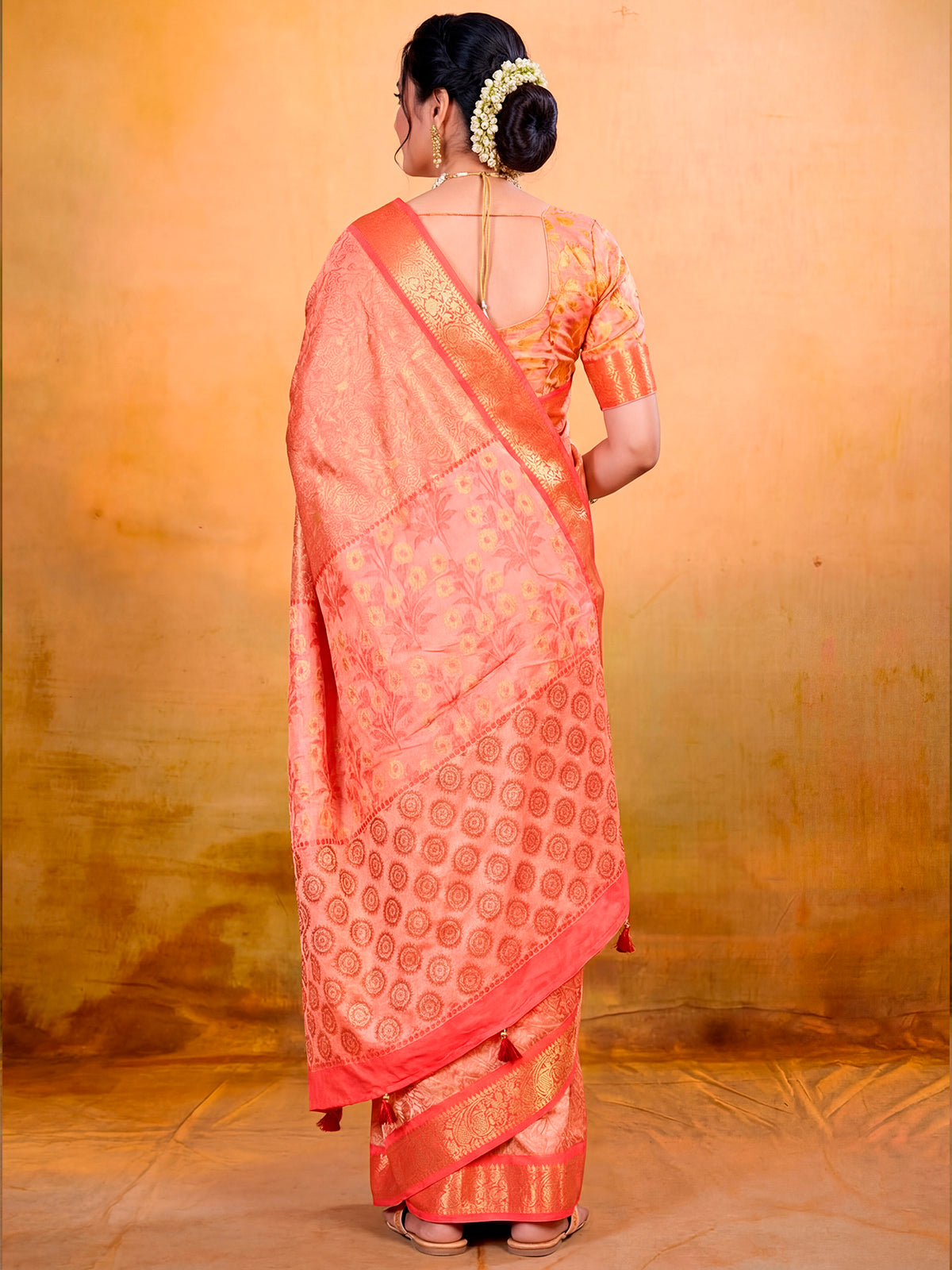 Kashmir Beauty - Coral Printed Soft Silk Saree with Tassels