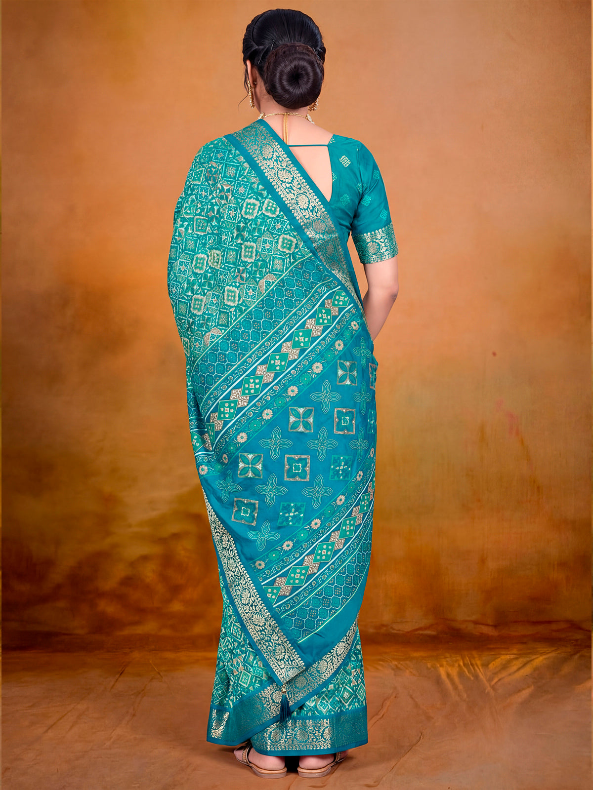 Kashmir Beauty - Turquoise Printed Soft Silk Saree with Tassels