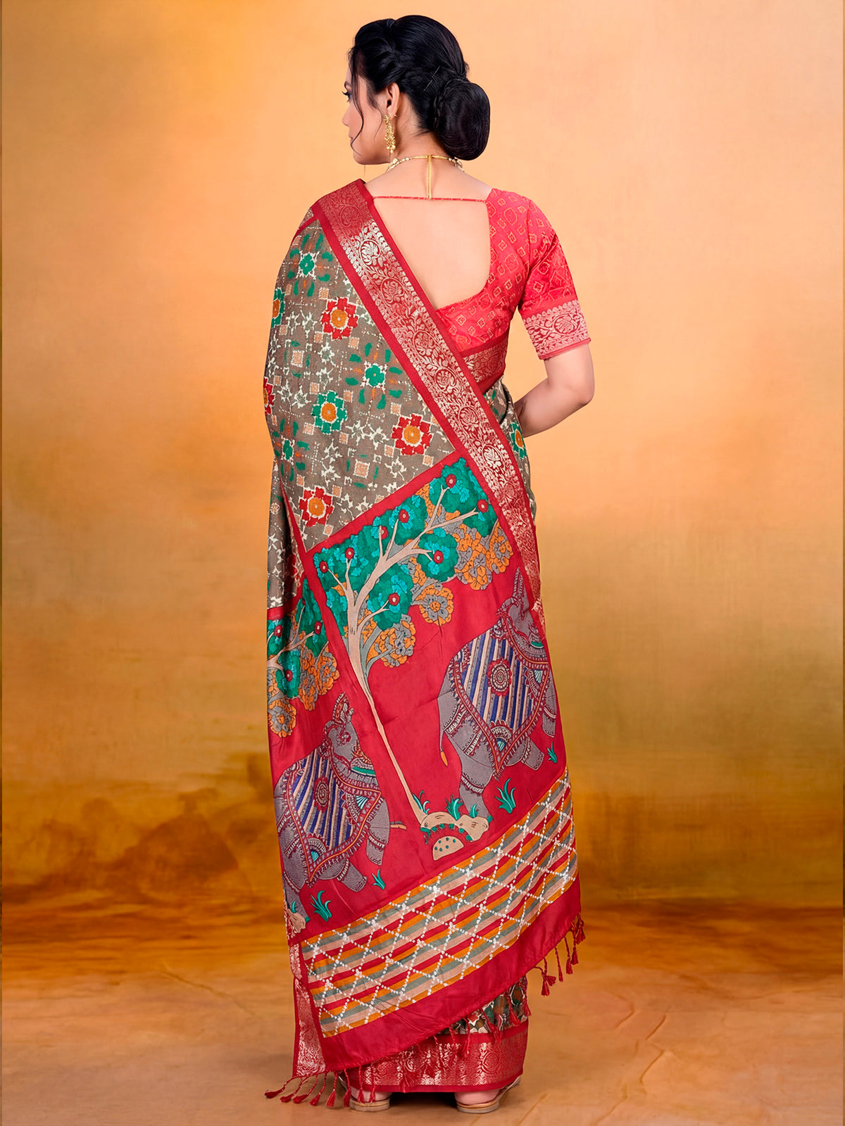 Kashmir Beauty - Olive Green Printed Soft Silk Saree with Tassels