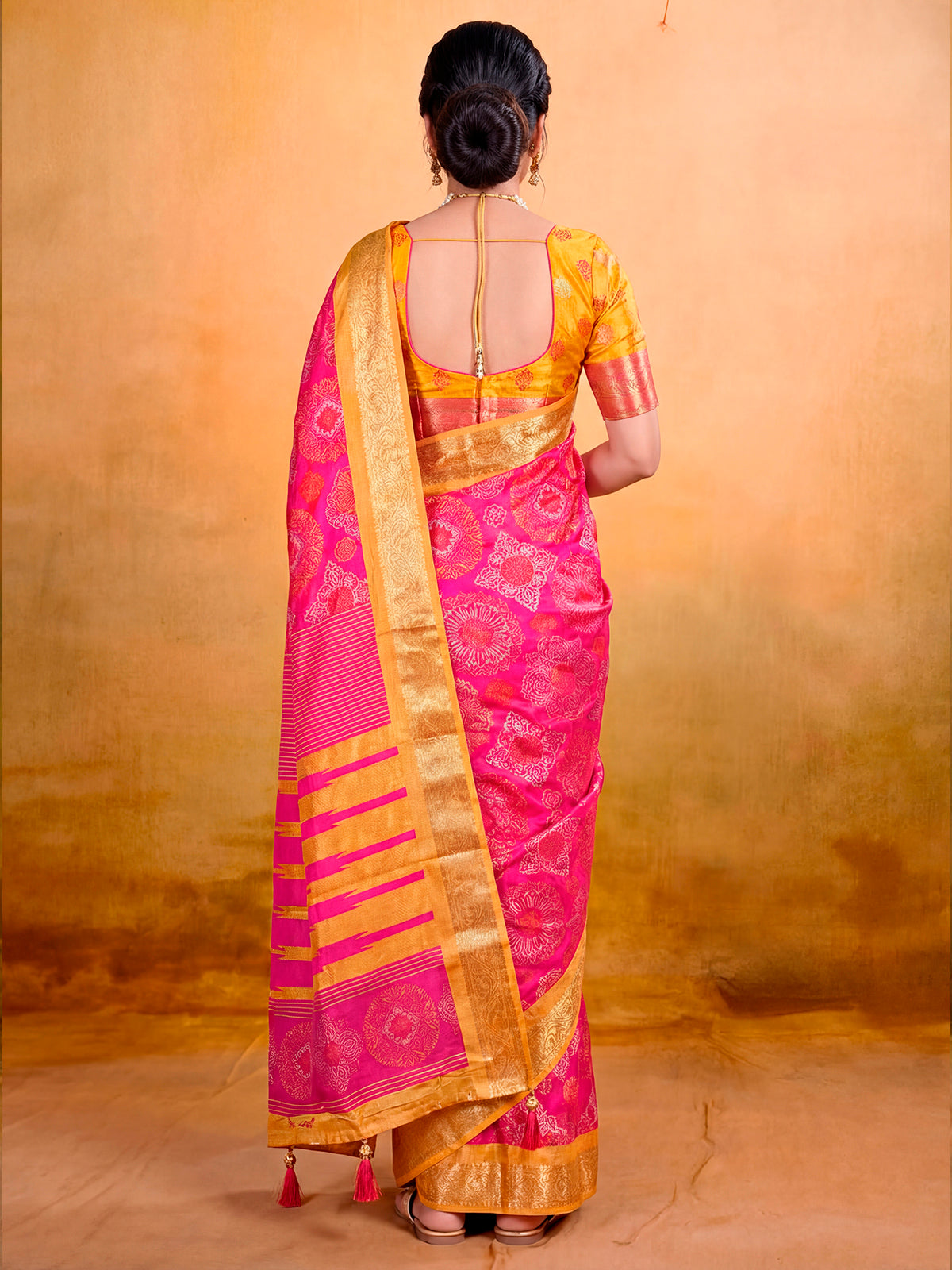 Kashmir Beauty - Rose Pink Printed Soft Silk Saree with Tassels