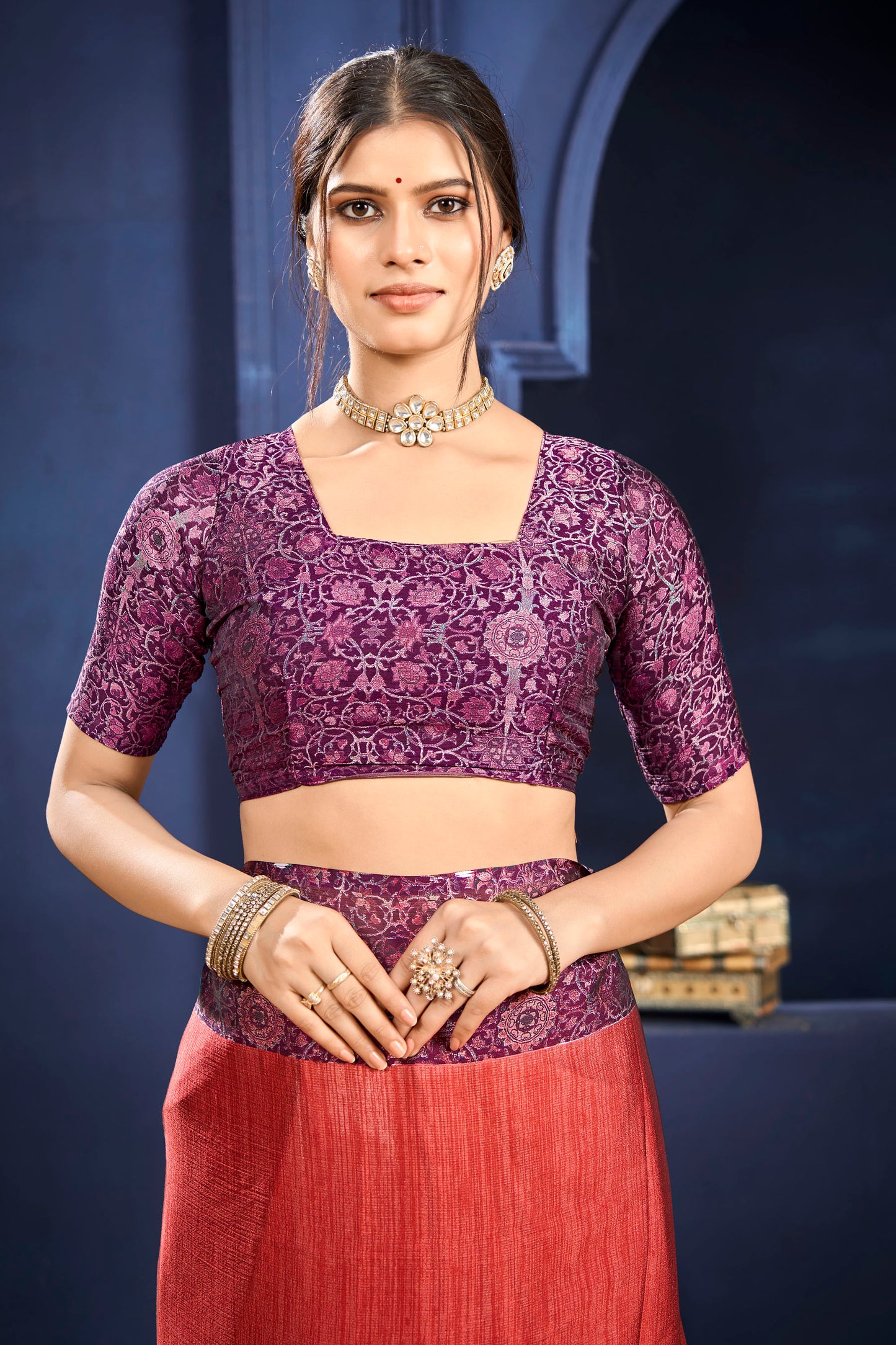 Varnika - Orange Printed Flow Chiffon Saree