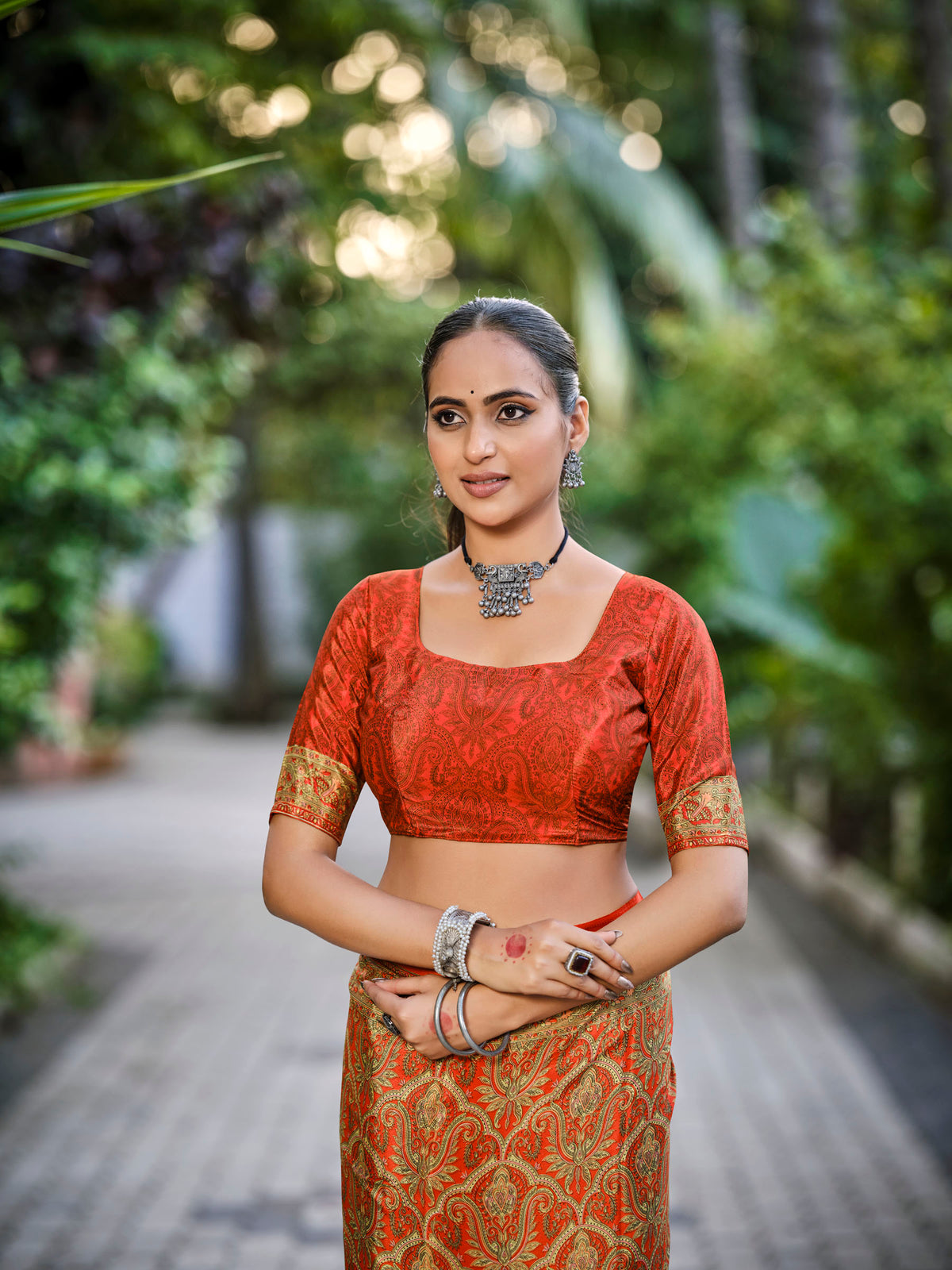 Rajkala - Orange Printed Crepe Silk Saree