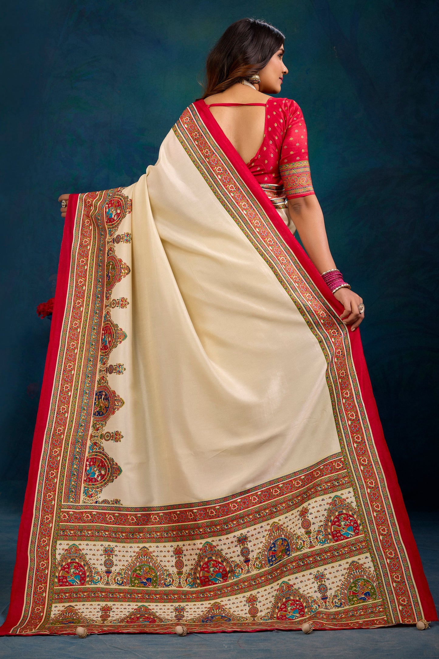 Kumuda - Cream Mysore Silk Jari Printed Saree with Tessals