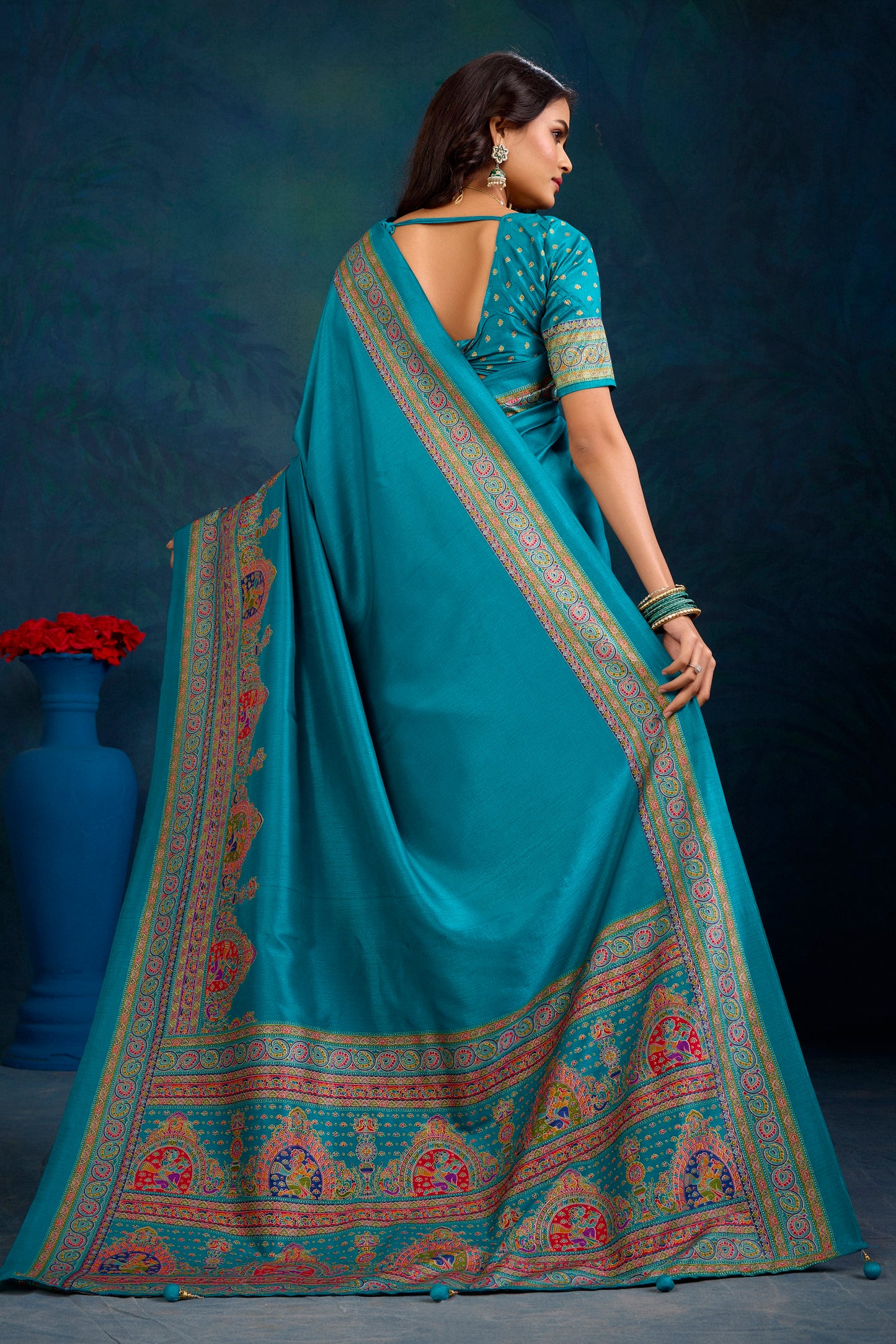 Kumuda - Firozi Mysore Silk Jari Printed Saree with Tessals