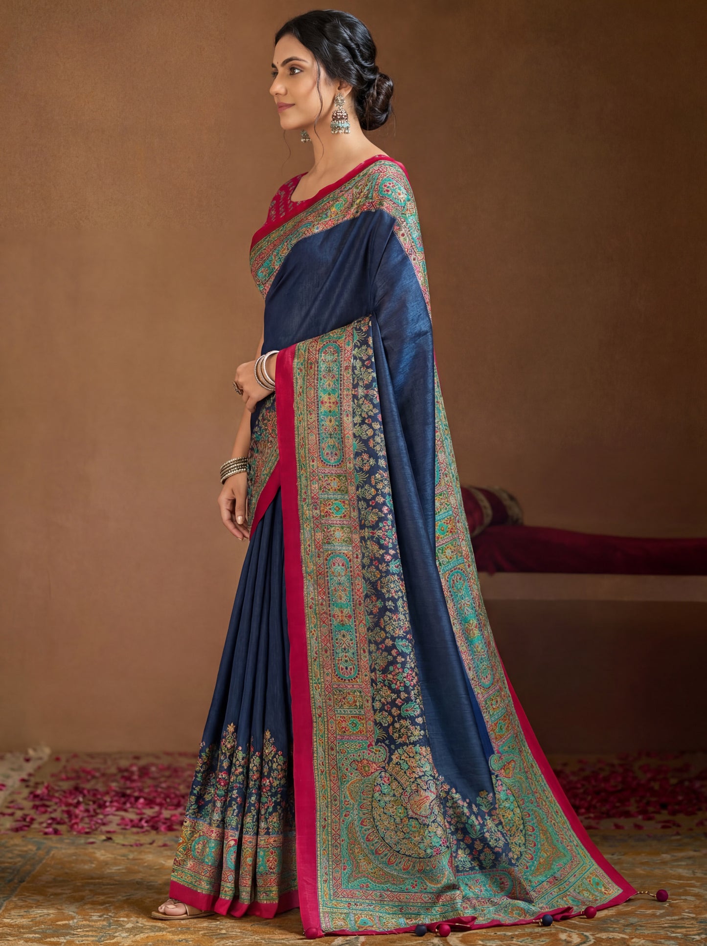 Kumuda - Blue Mysore Silk Jari Printed Saree with Tassels