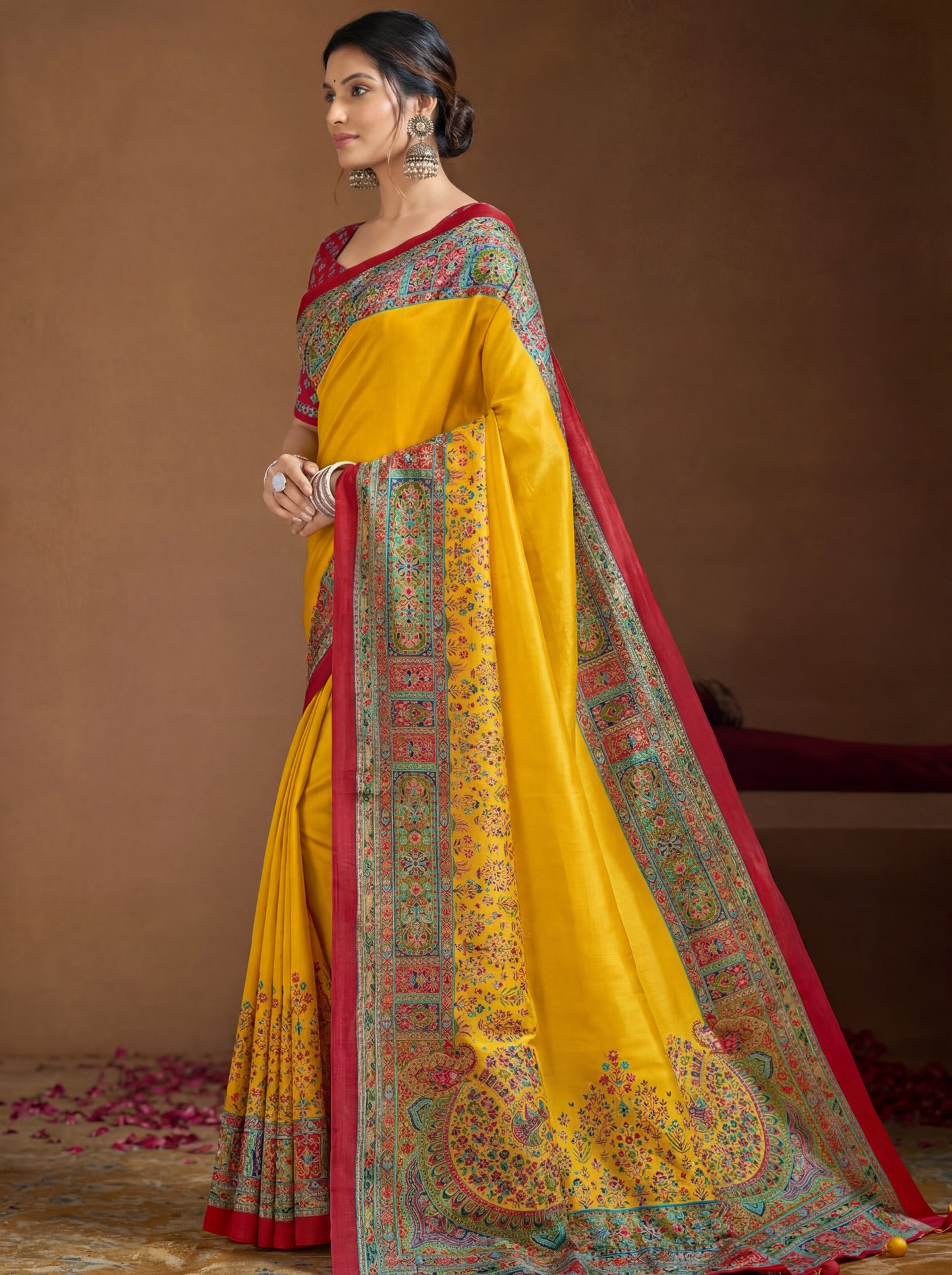 Kumuda - Yellow Mysore Silk Jari Printed Saree with Tassels