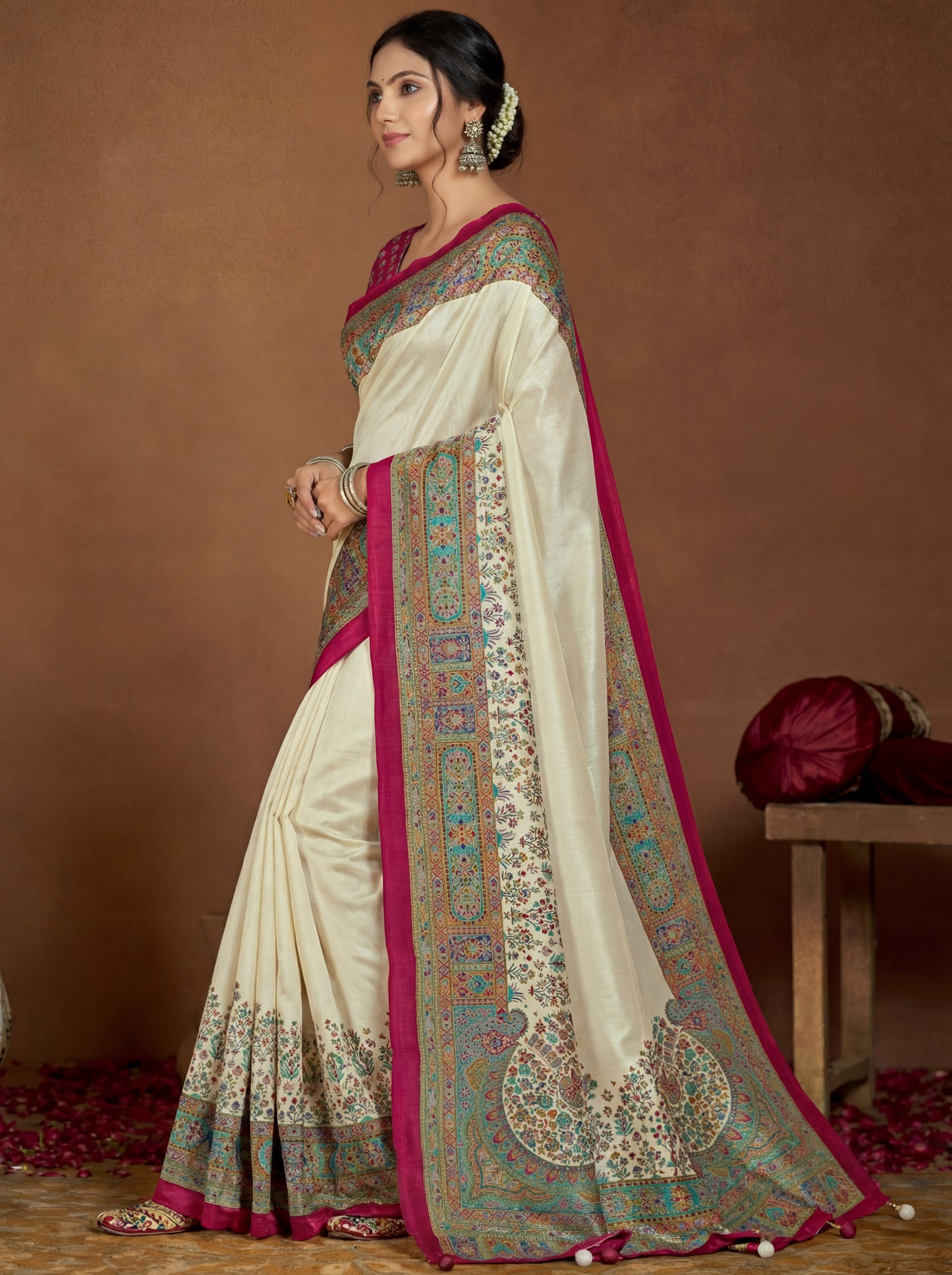 Kumuda - Cream Mysore Silk Jari Printed Saree with Tassels