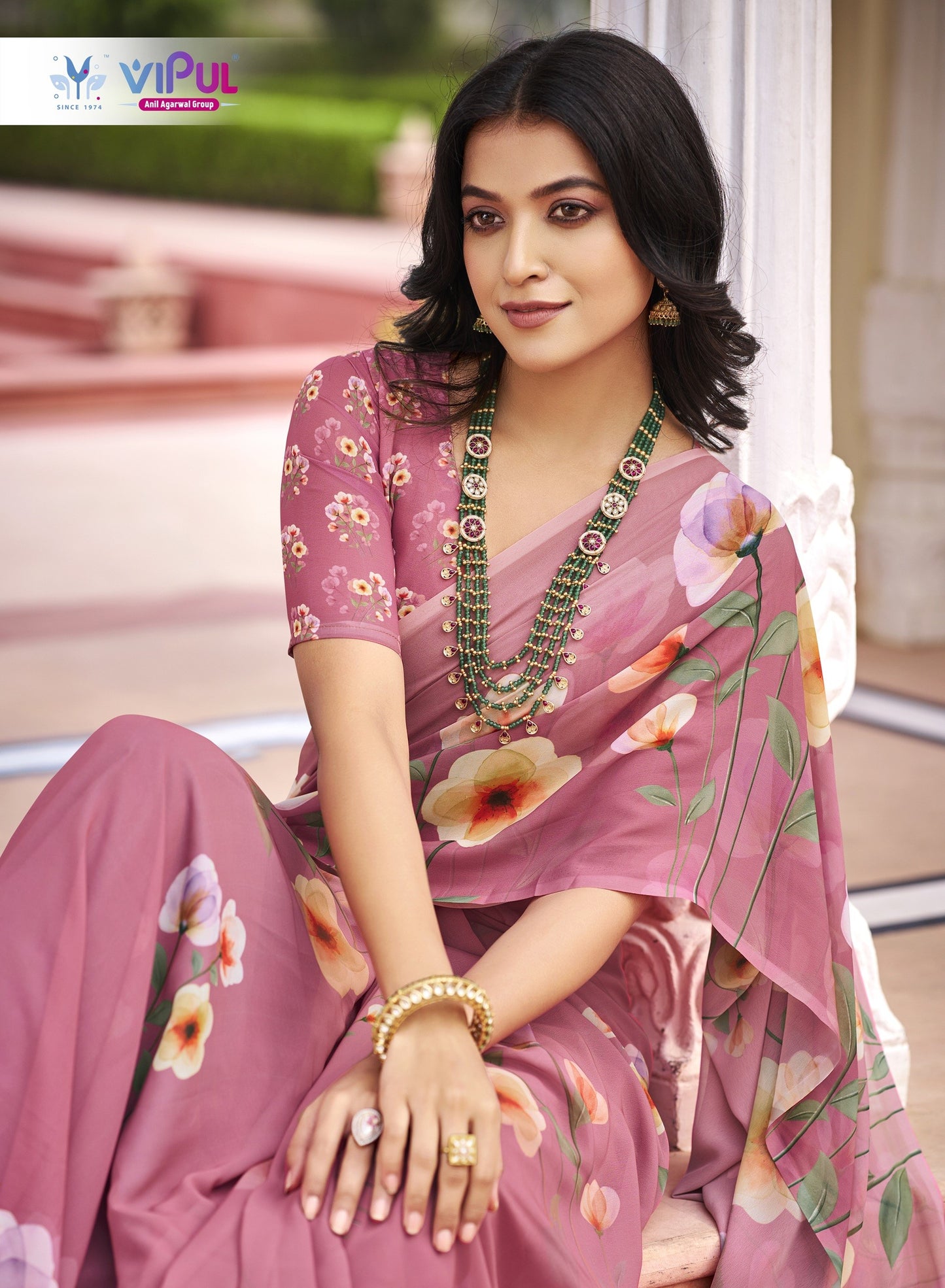 Twisha - Light Coral Georgette Floral Digital Printed Saree