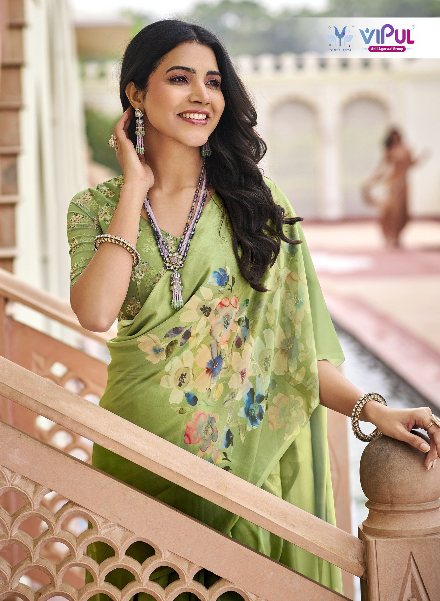 Twisha - Parrot Green Georgette Floral Digital Printed Saree