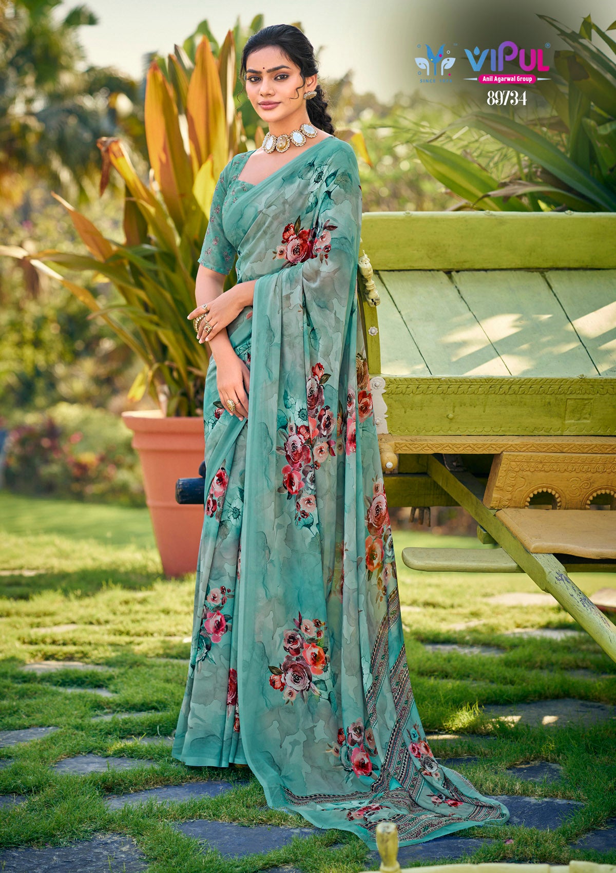 Riddhi - Turquoise Georgette Floral Digital Printed Saree