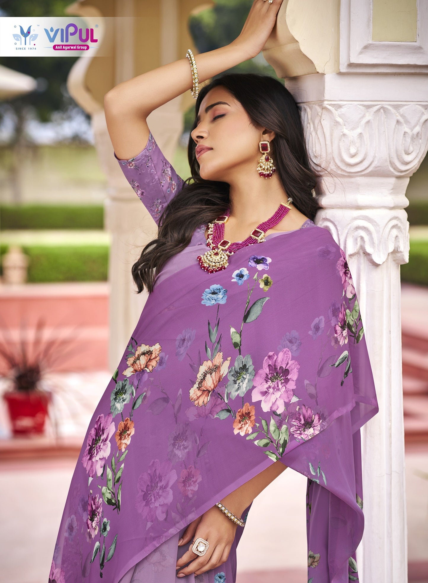 Twisha - Purple Georgette Floral Digital Printed Saree