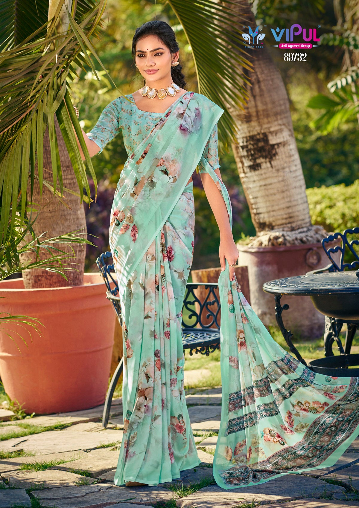 Riddhi - Aqua Marine Georgette Floral Digital Printed Saree