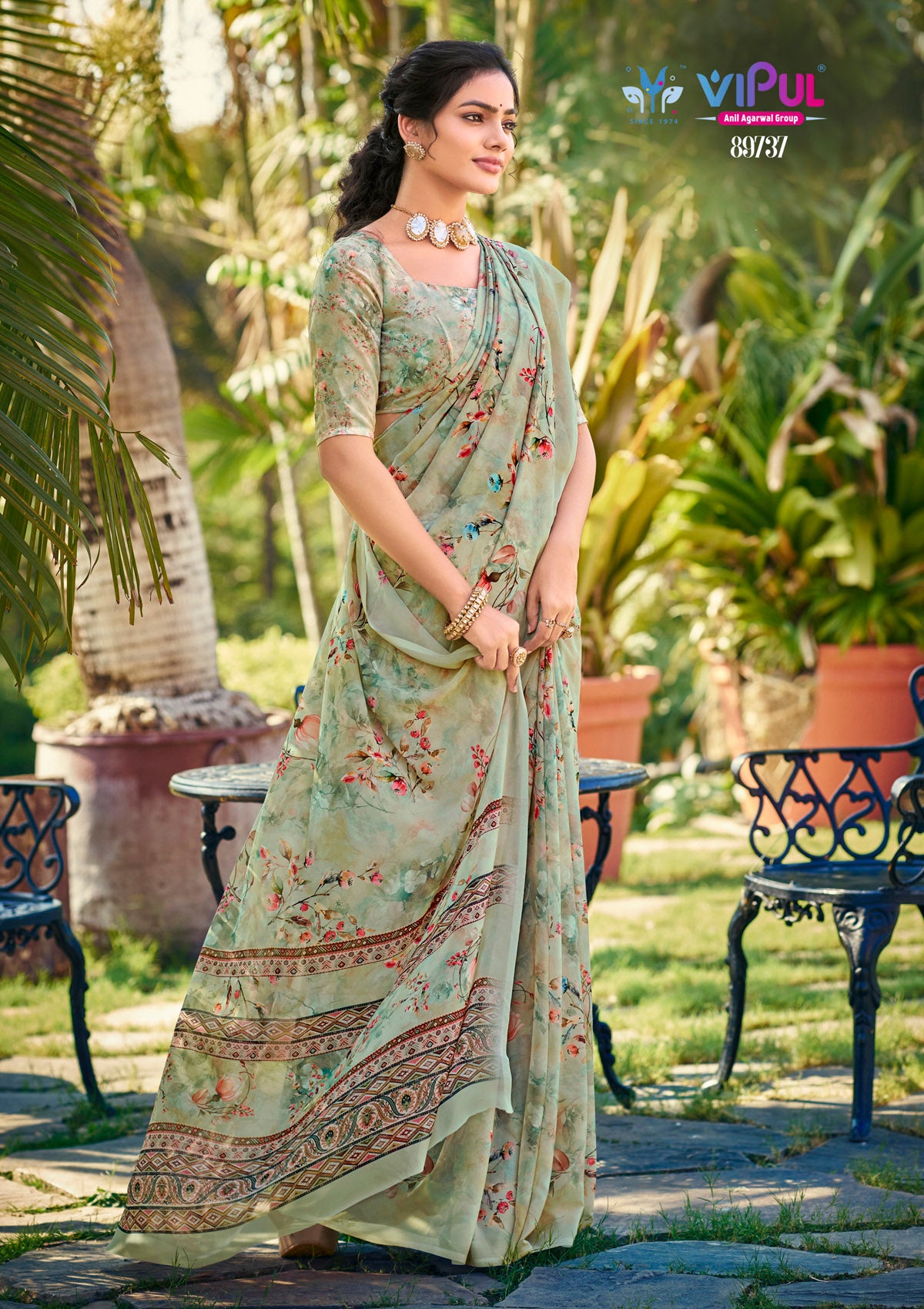 Riddhi - Sea Green Georgette Floral Digital Printed Saree