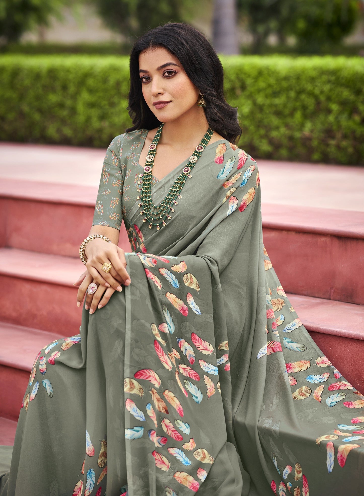 Twisha - Cadet Blue Georgette Floral Digital Printed Saree