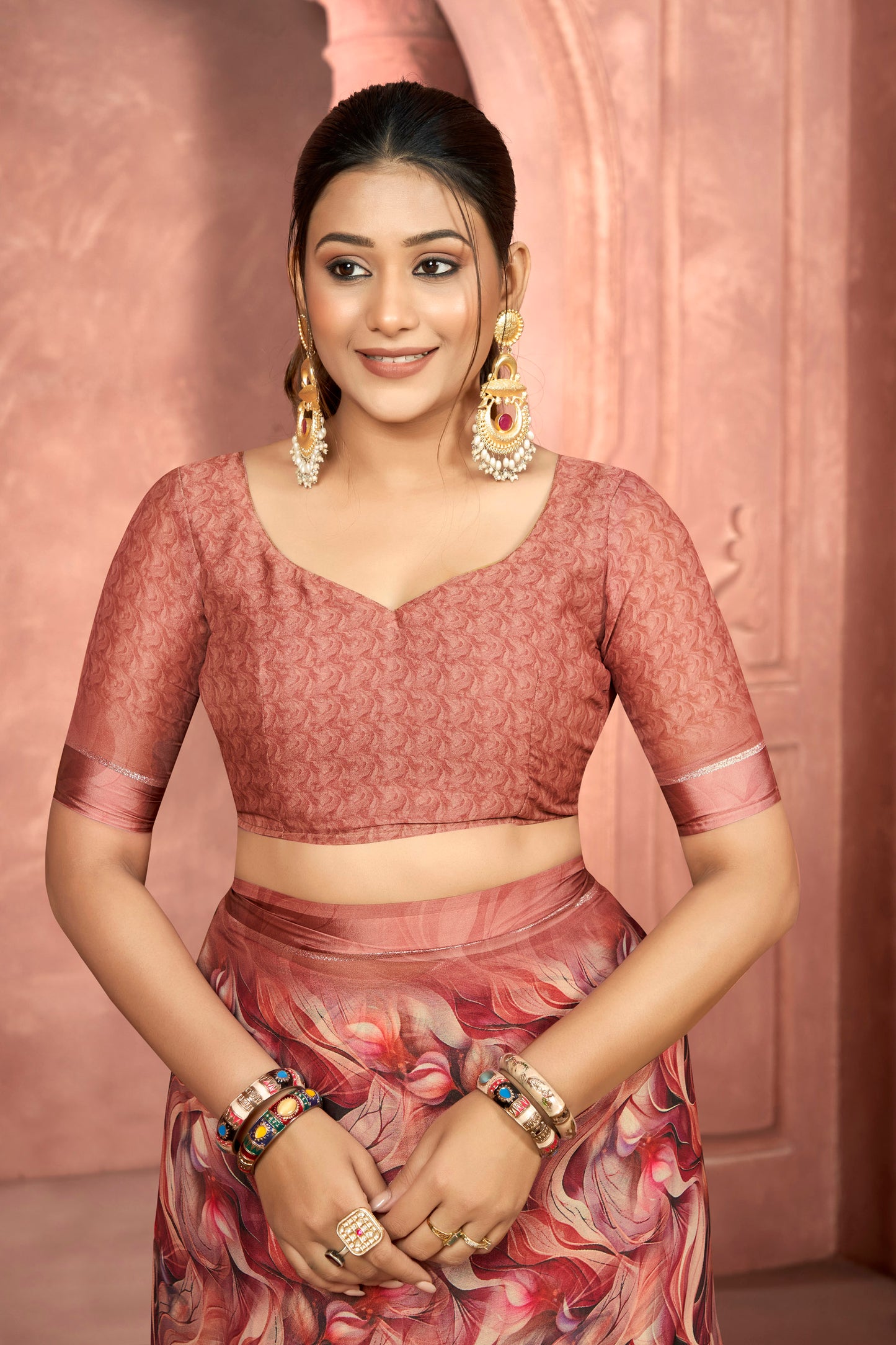 Samriddhi – Peach Moss Georgette Digital Print Saree with Satin Patta Border