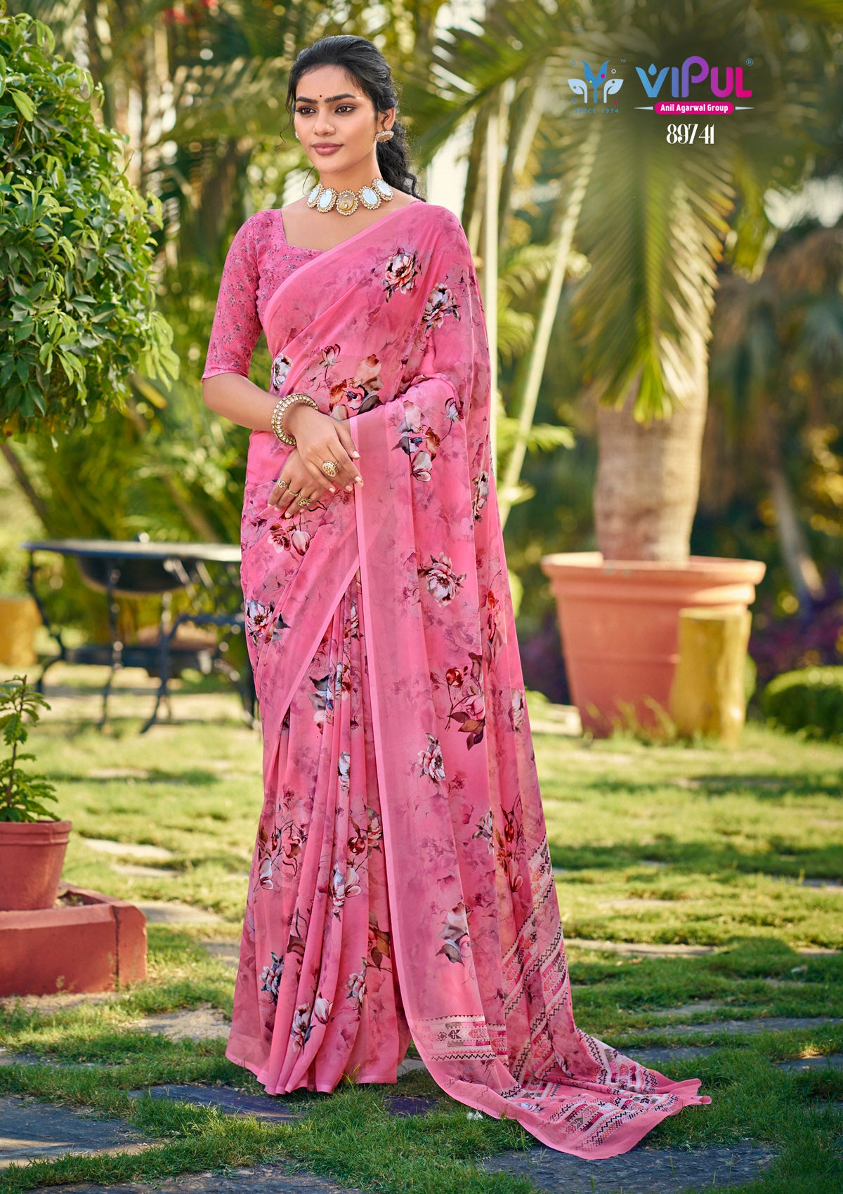 Riddhi - Pink Georgette Floral Digital Printed Saree