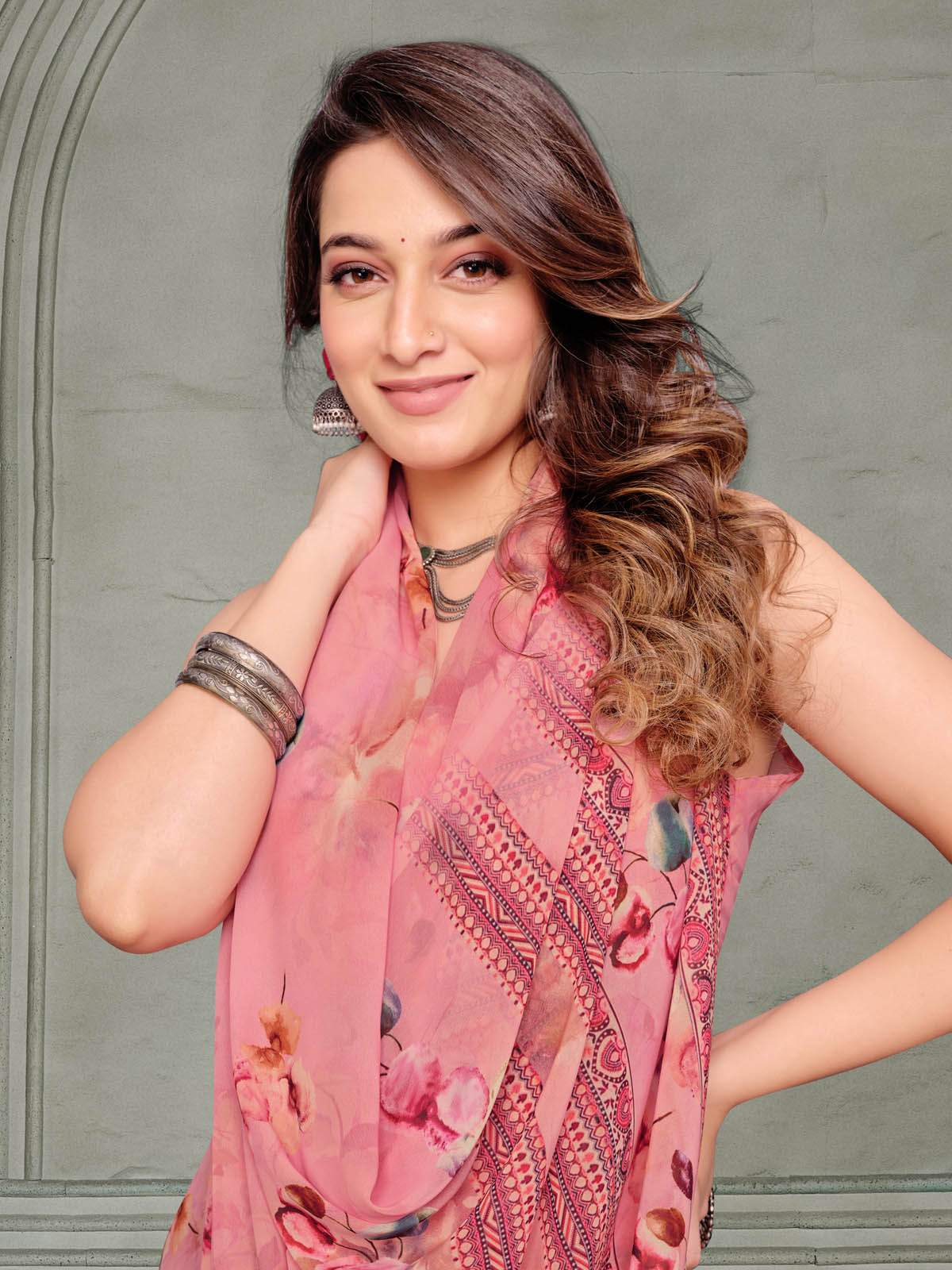 Riddhi - Baby Pink Georgette Floral Digital Printed Saree