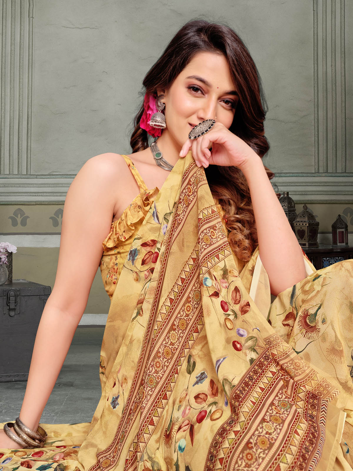 Riddhi - Yellow Georgette Floral Digital Printed Saree