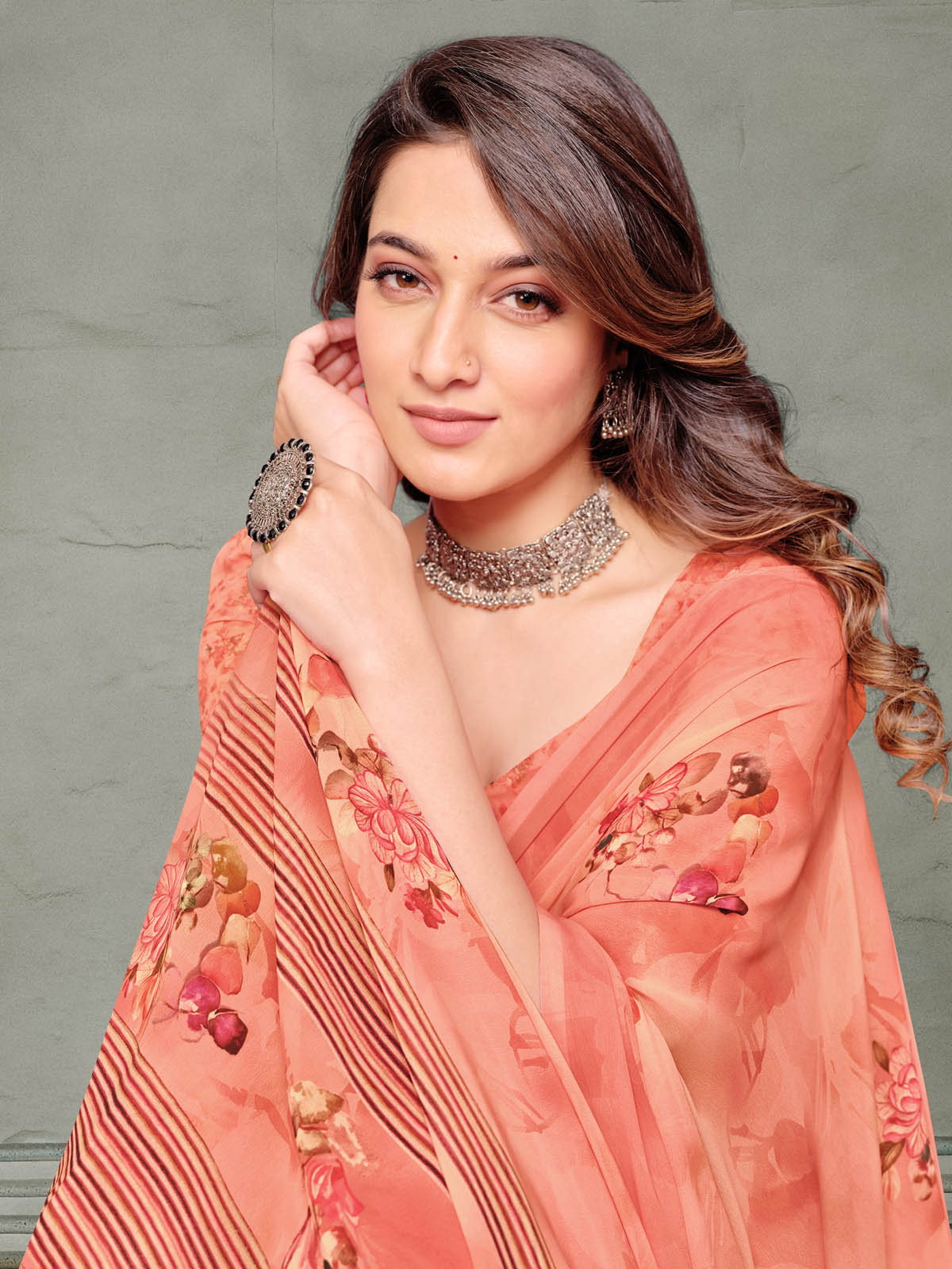Riddhi - Coral Georgette Floral Digital Printed Saree
