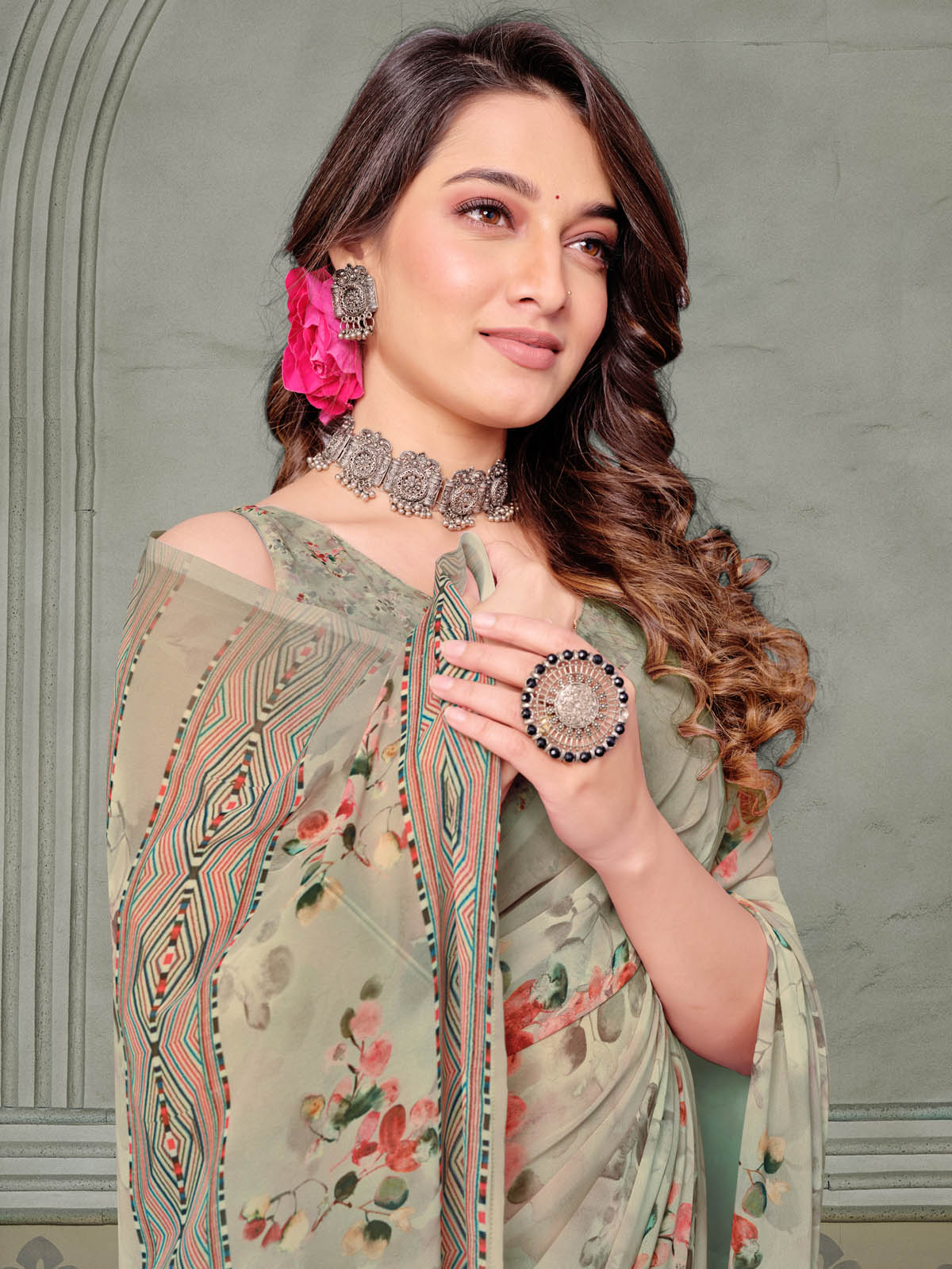 Riddhi - Sea Green Georgette Floral Digital Printed Saree