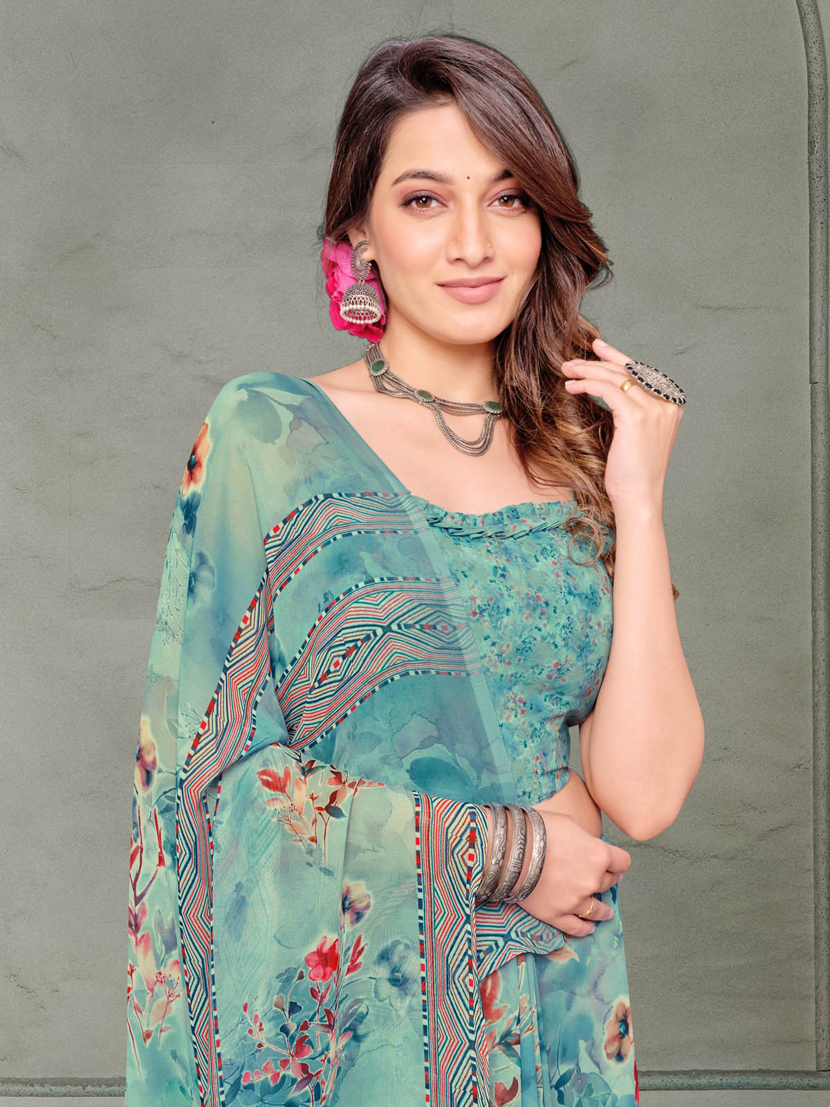 Riddhi - Turquoise Georgette Floral Digital Printed Saree