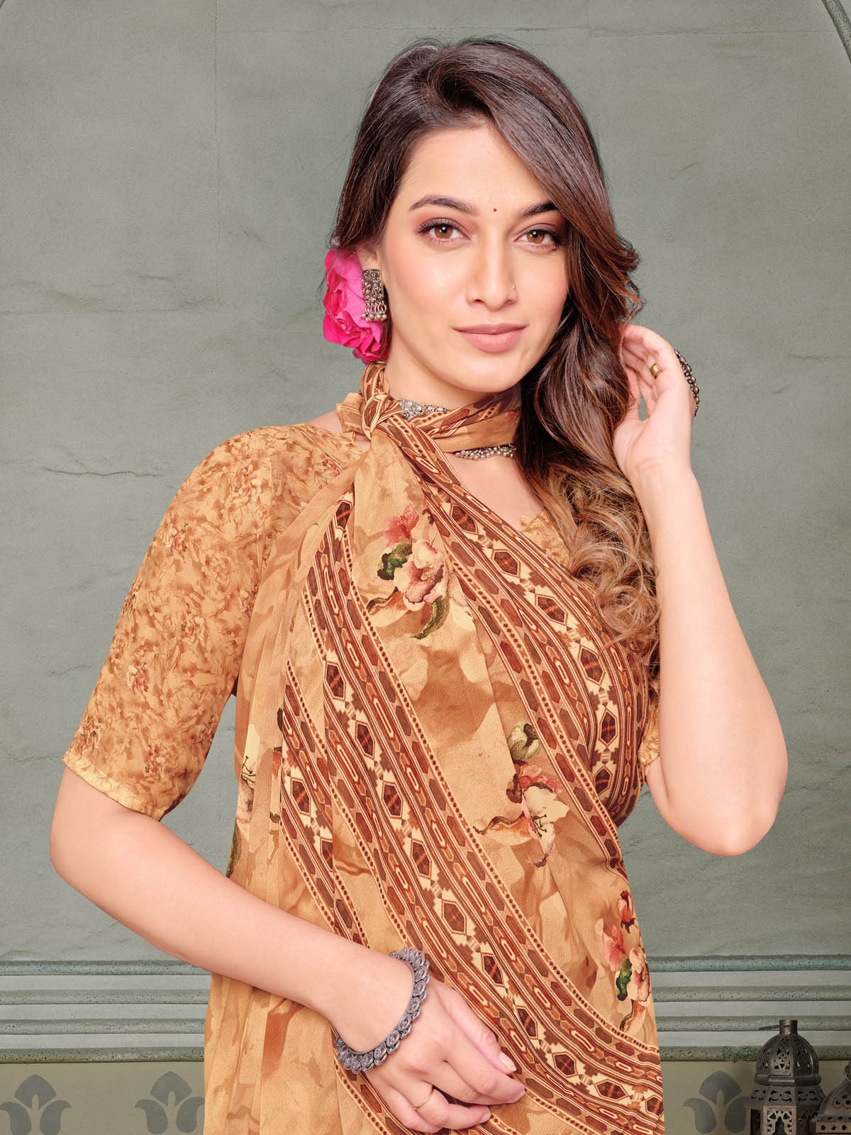 Riddhi - Sandy Brown Georgette Floral Digital Printed Saree