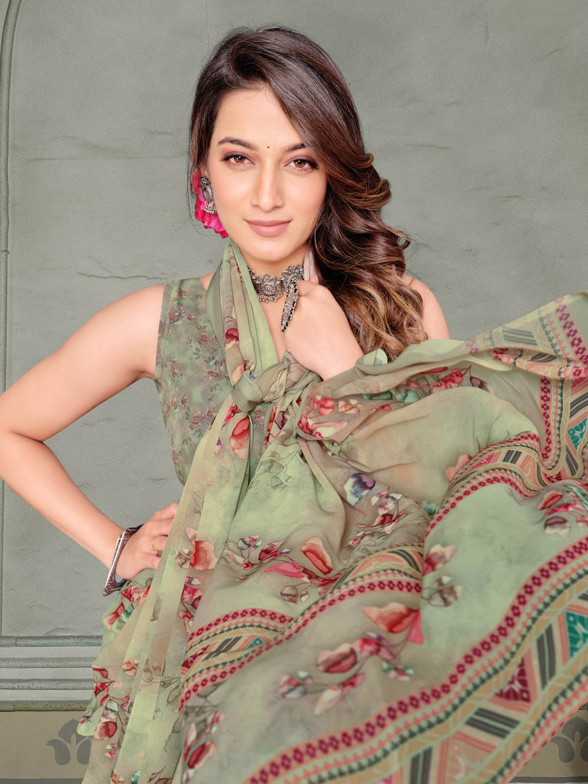 Riddhi - Green Georgette Floral Digital Printed Saree