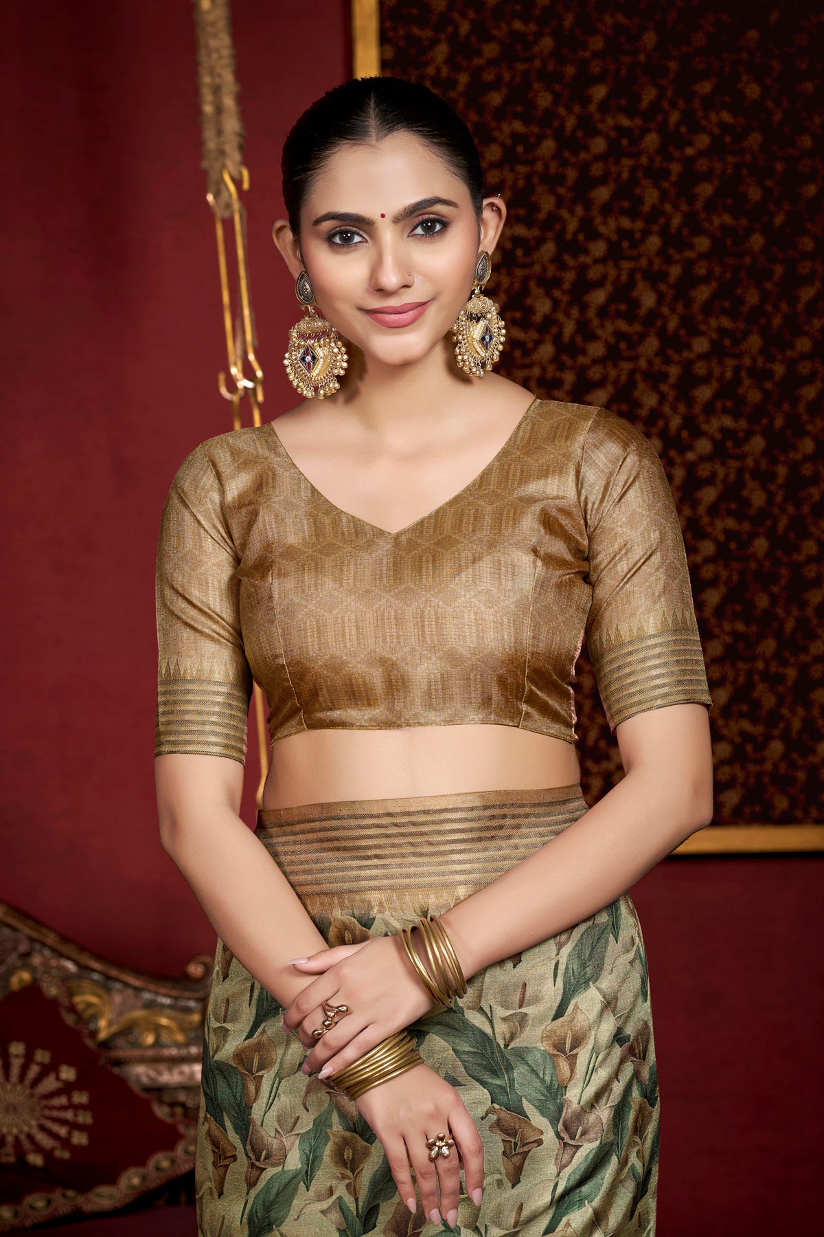 Veera - Mehandi Green Soft Silk Digital Printed Saree with Woven Border
