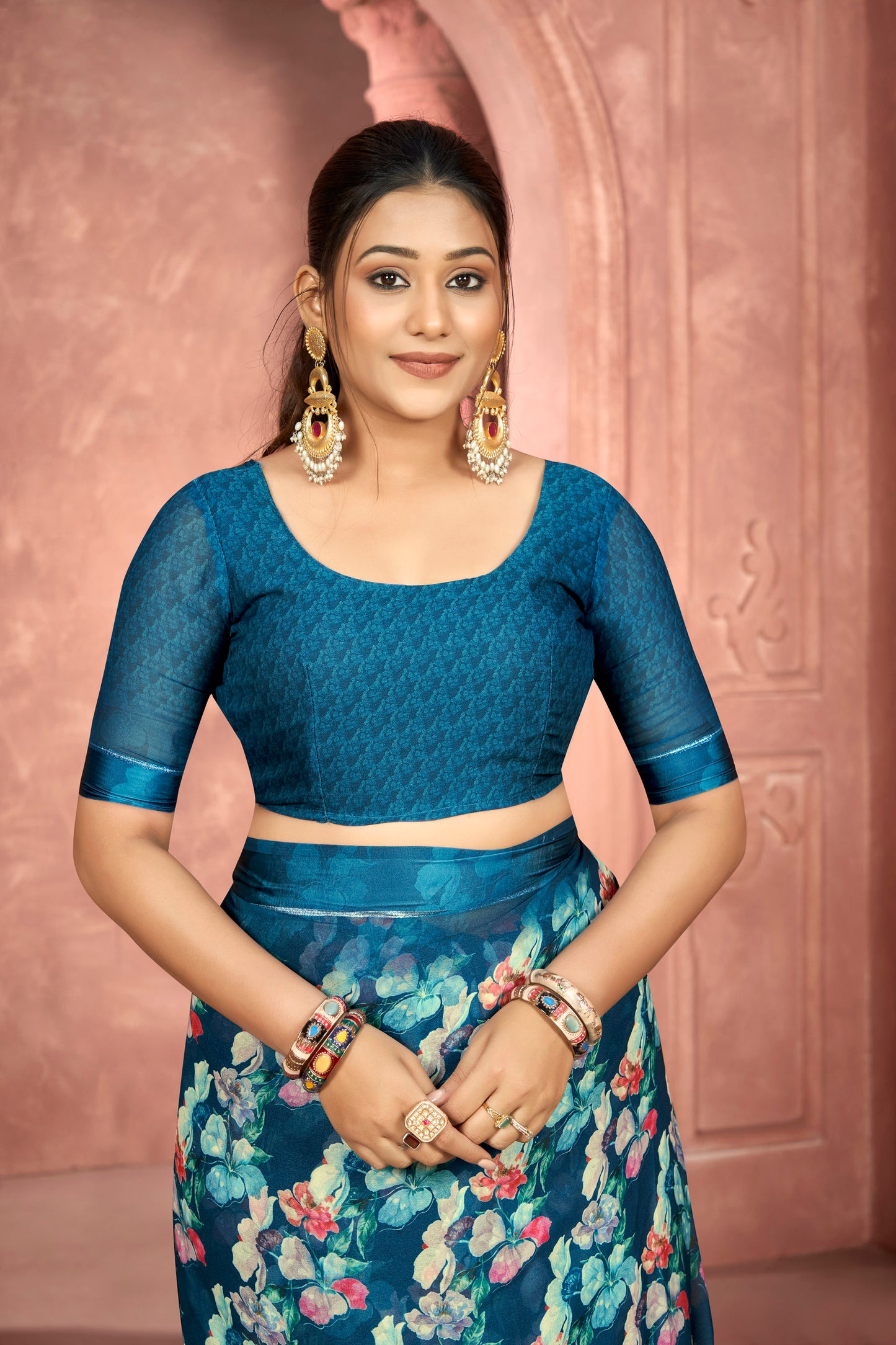 Samriddhi – Blue Moss Georgette Digital Print Saree with Satin Patta Border