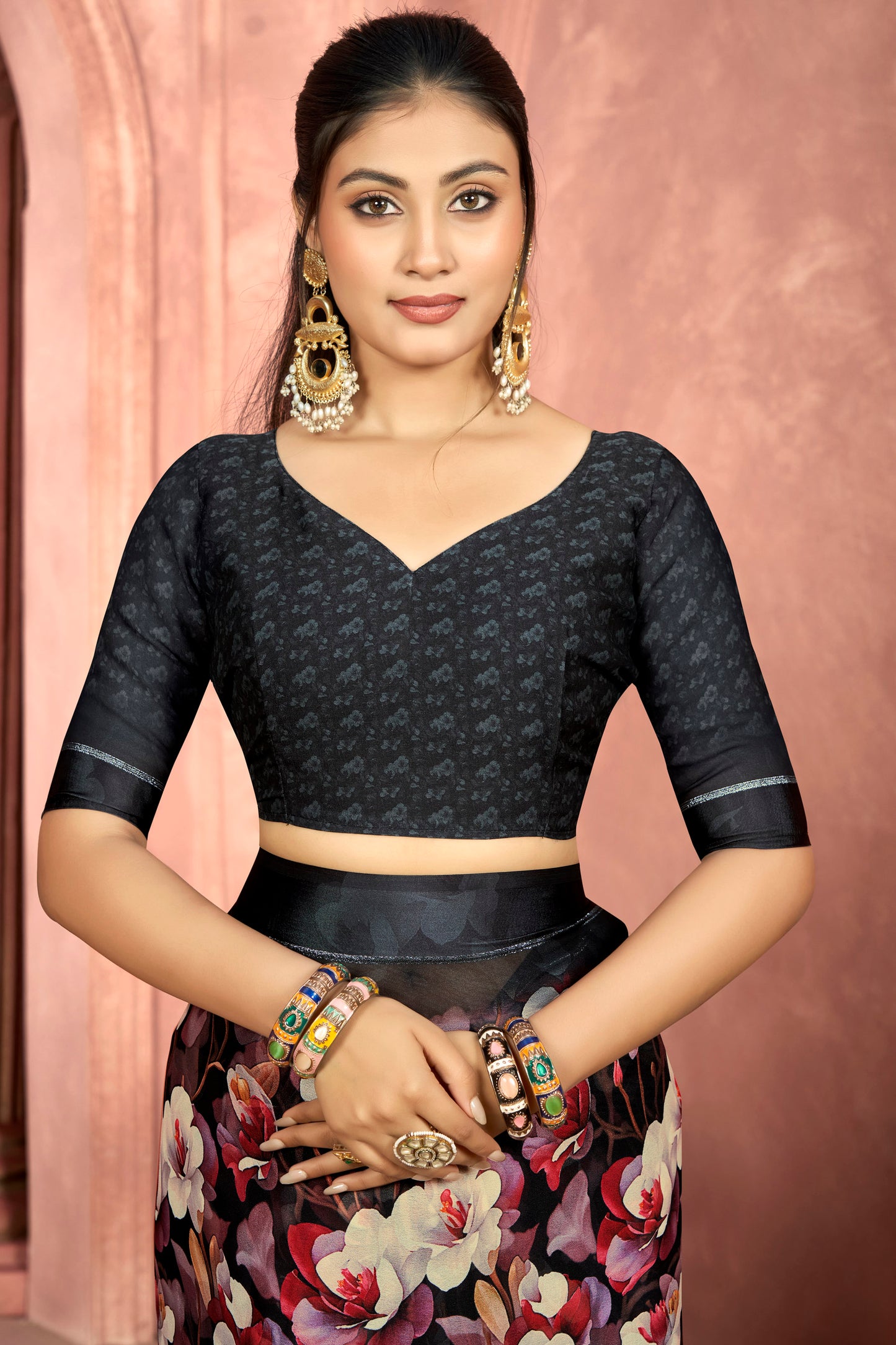 Samriddhi – Black Moss Georgette Digital Print Saree with Satin Patta Border