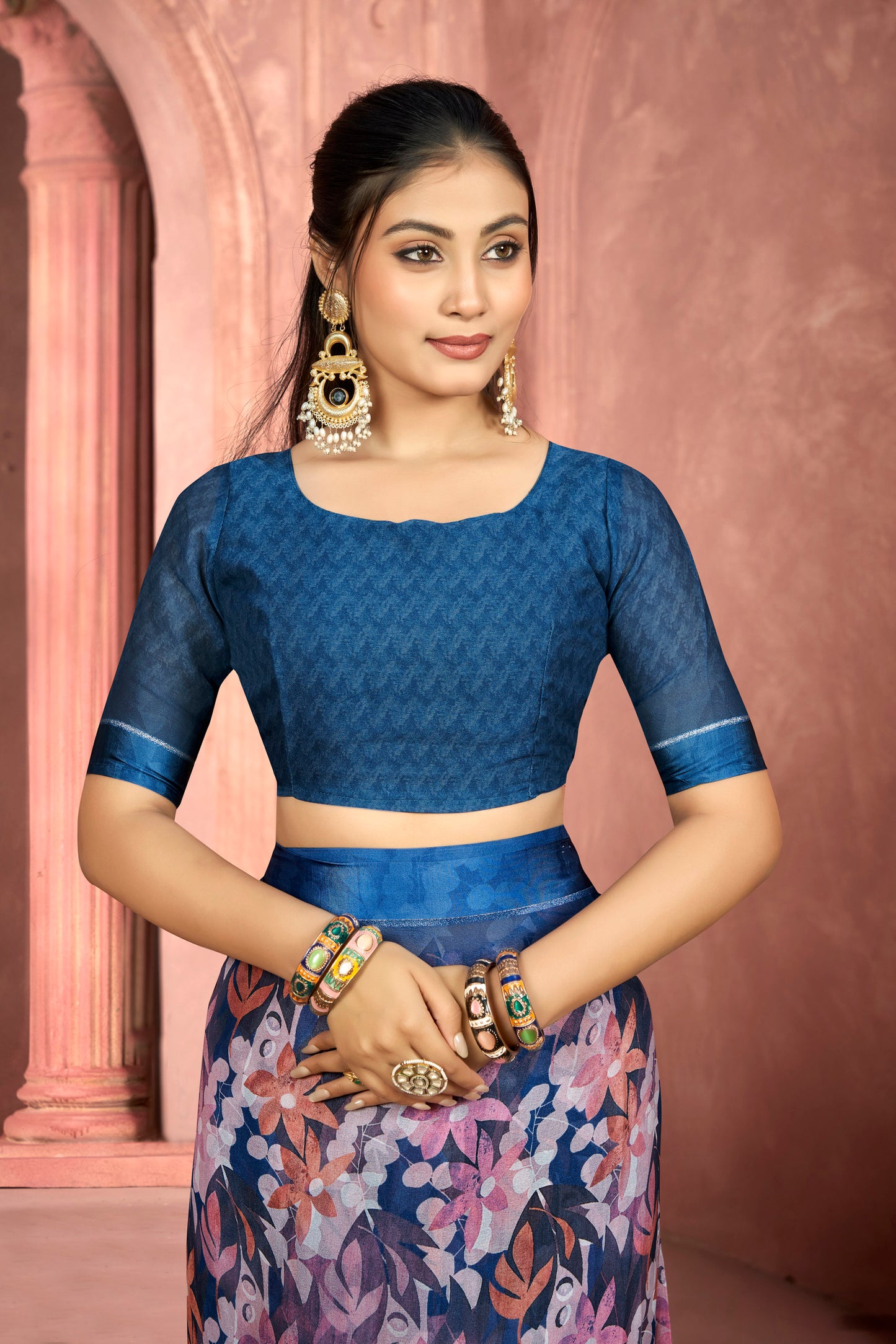 Samriddhi – Royal Blue Moss Georgette Digital Print Saree with Satin Patta Border