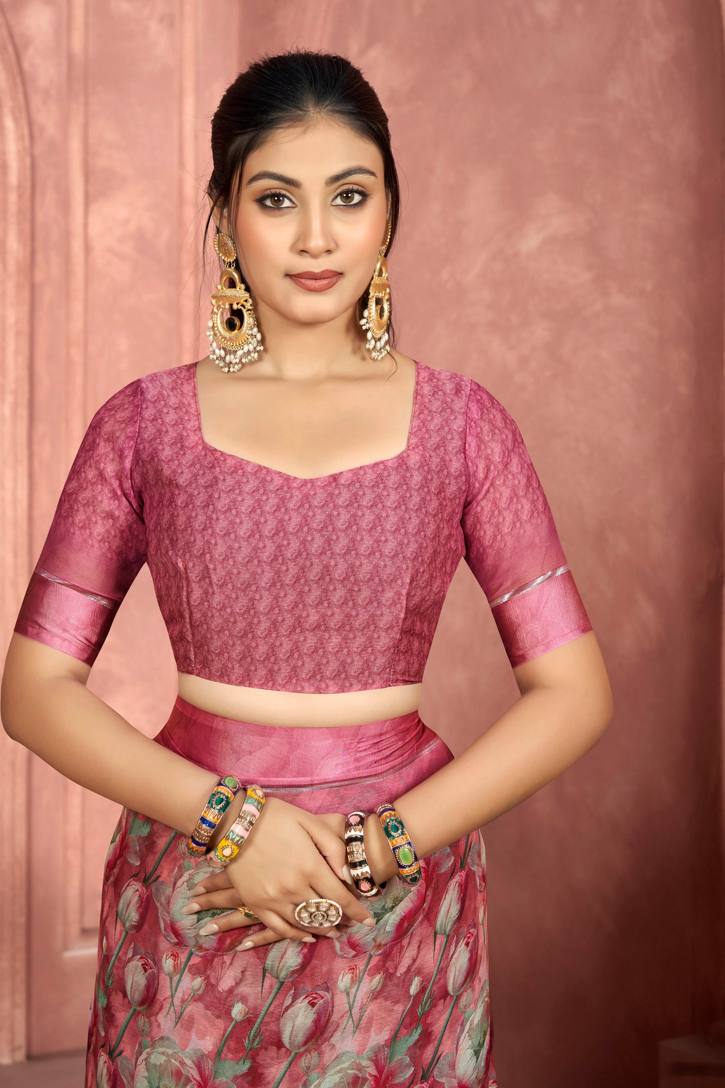 Samriddhi – Rose Brown Moss Georgette Digital Print Saree with Satin Patta Border