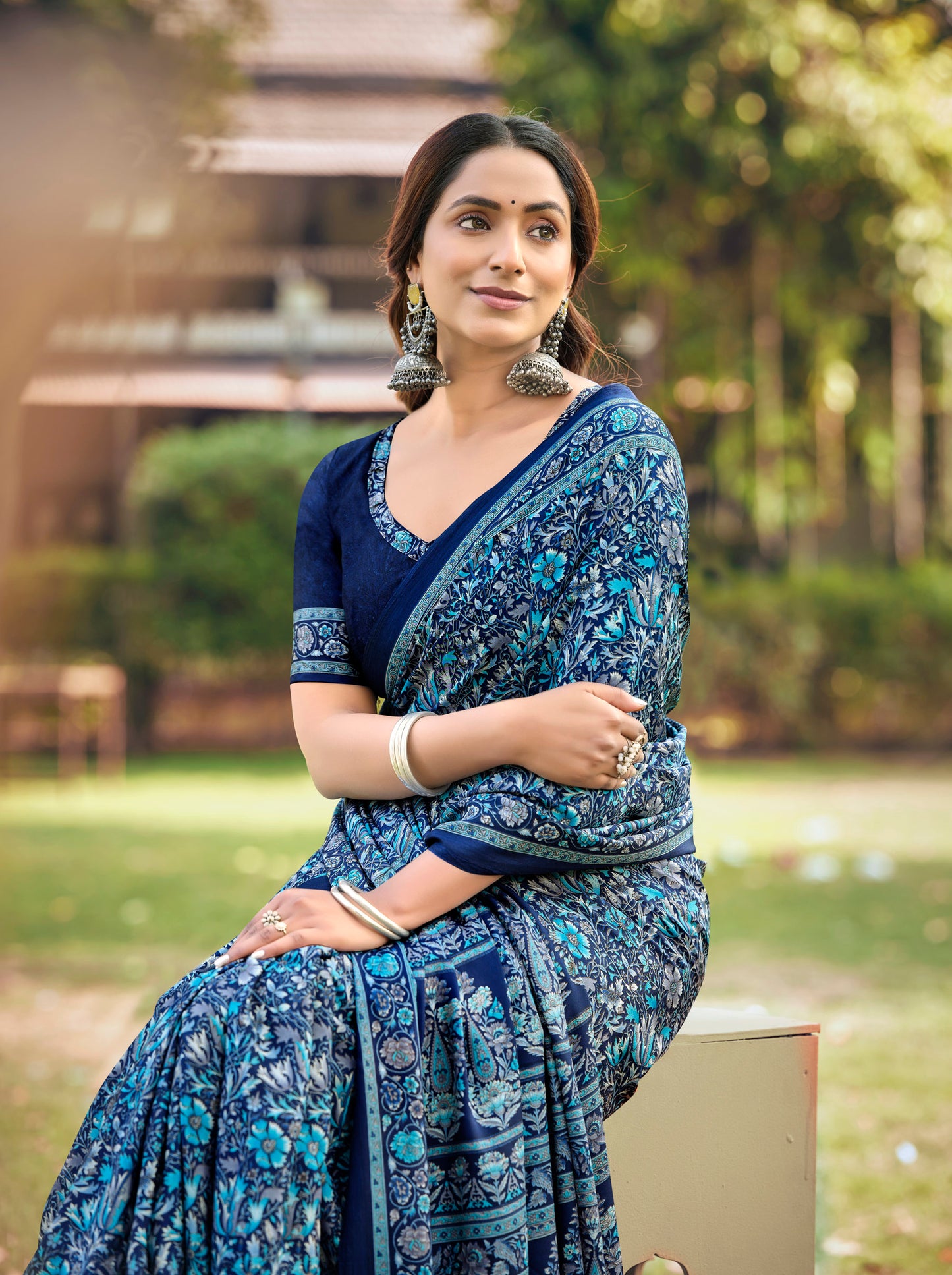 Rajkala - Blue Printed Crepe Silk Saree