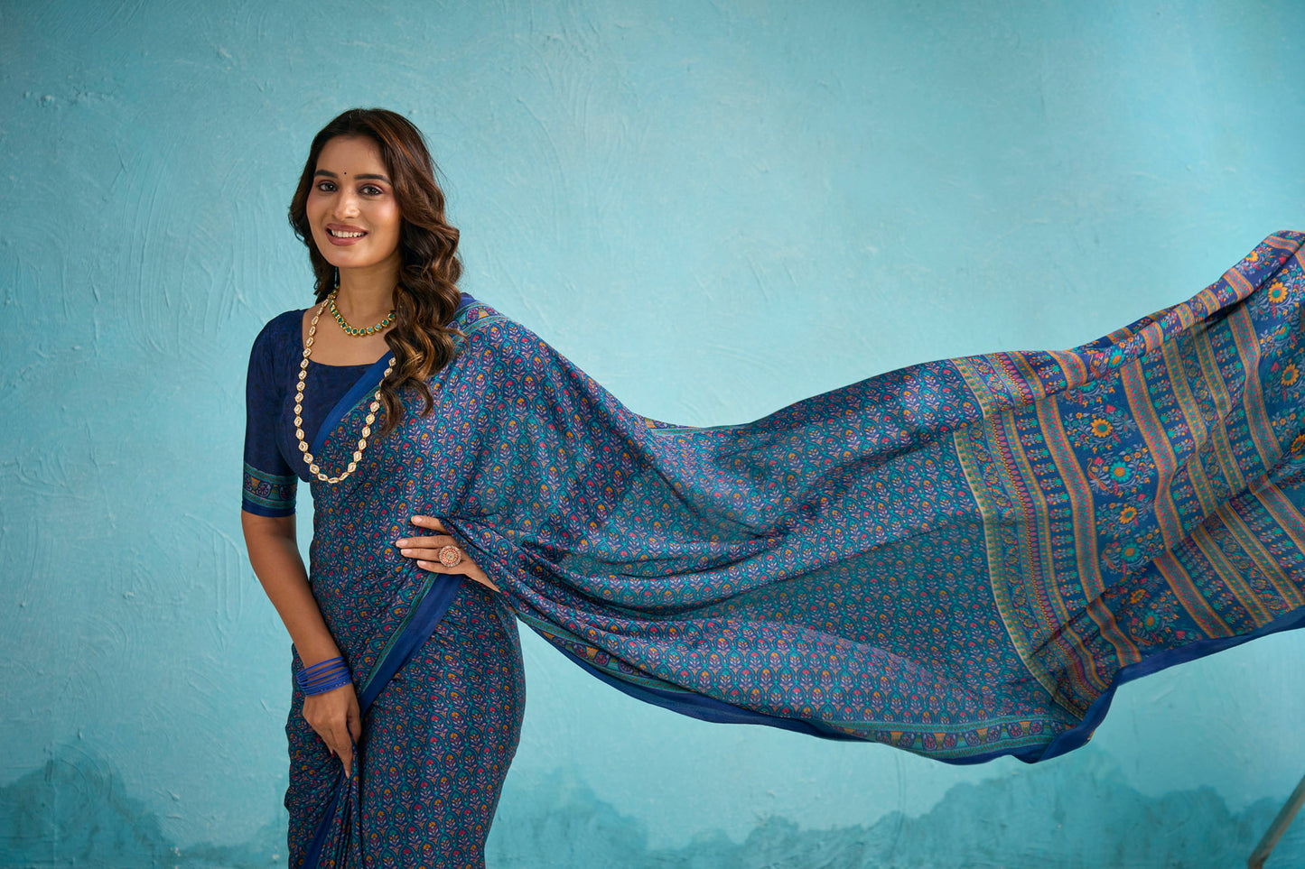 Rajkala - Blue Floral Printed Crepe Silk Saree