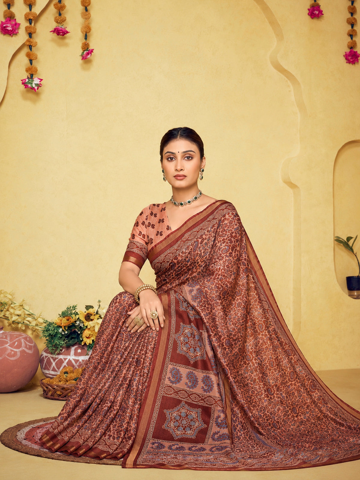 Amrapali - Peach Chanderi Cotton Digital Printed Saree with Zari Border