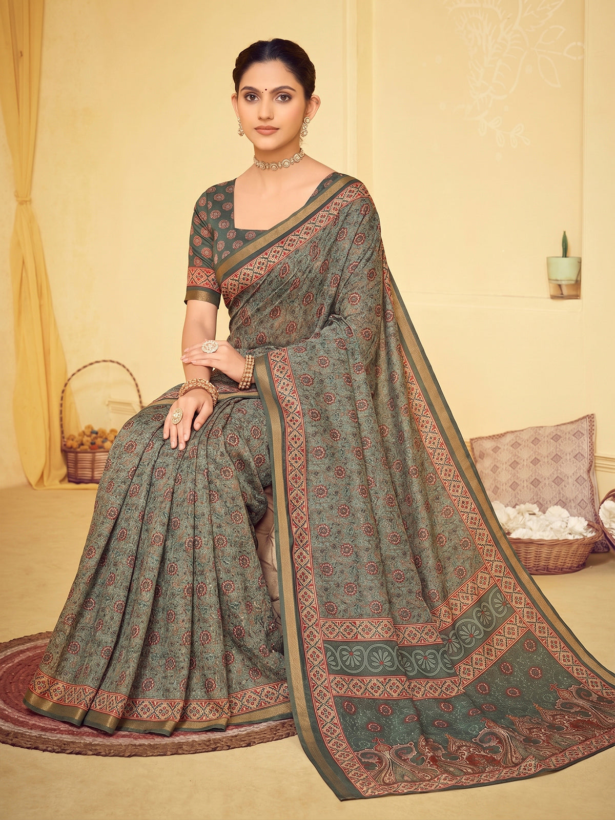 Amrapali - Green Chanderi Cotton Digital Printed Saree with Zari Border
