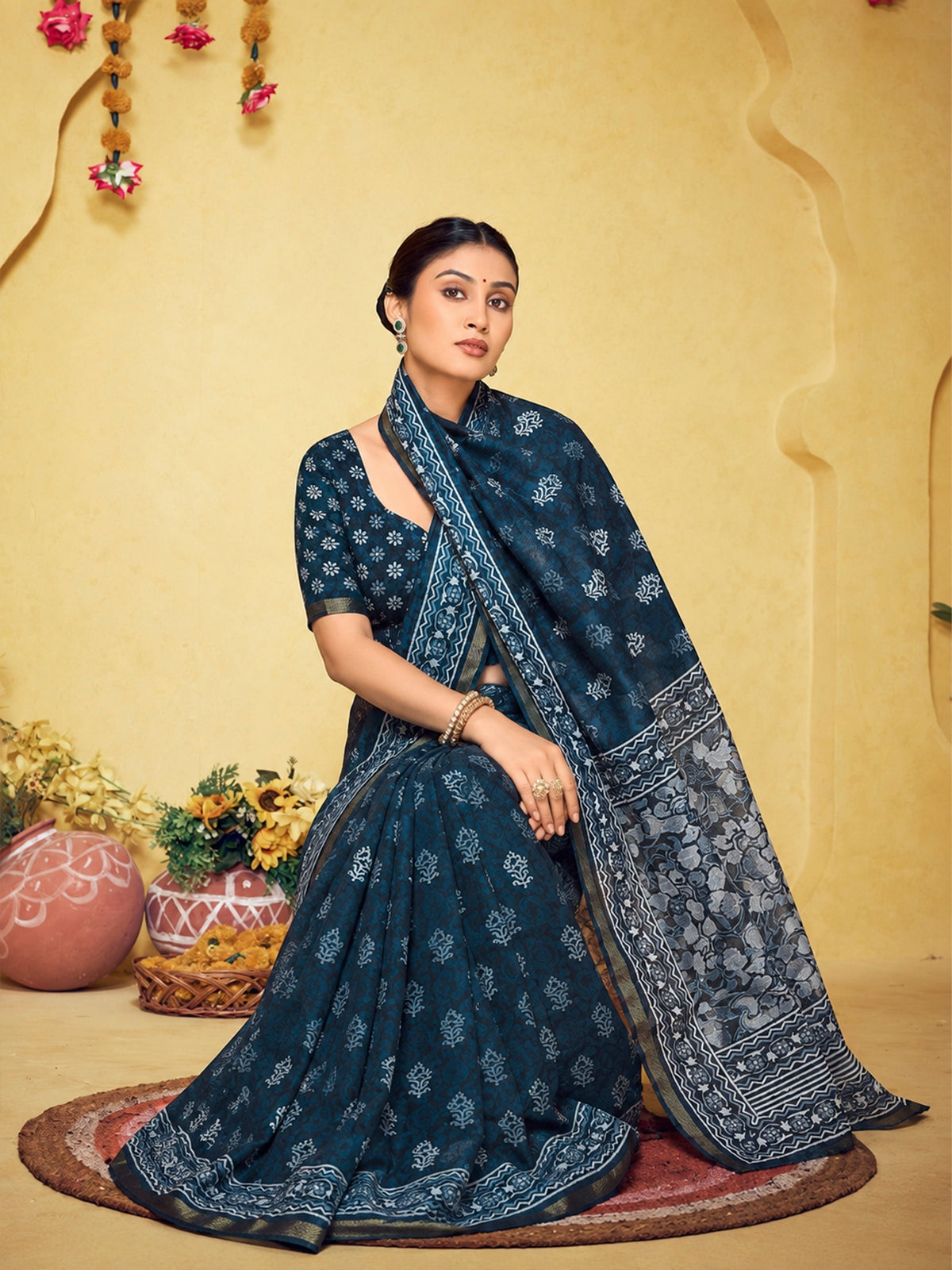 Amrapali - Navy Blue Chanderi Cotton Digital Printed Saree with Zari Border