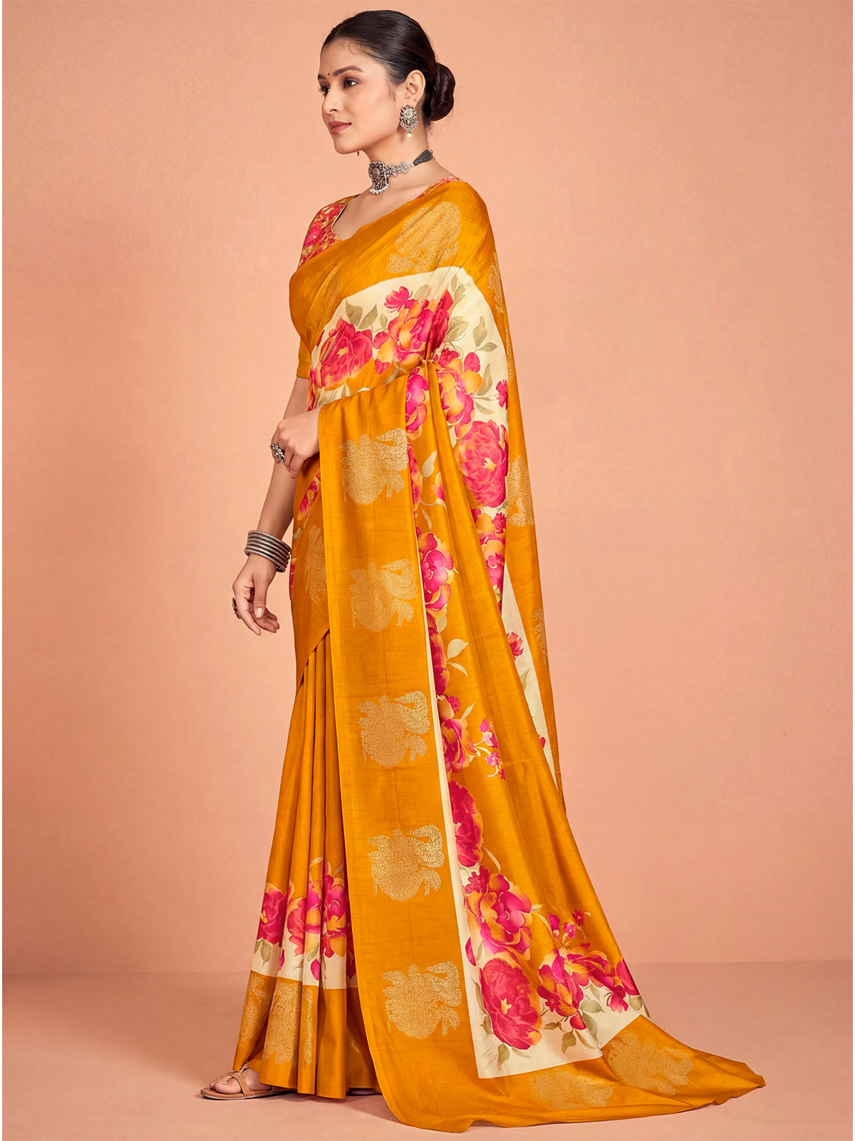 Rajkumari - Yellow Printed Soft Silk Saree with Silk Foil Work