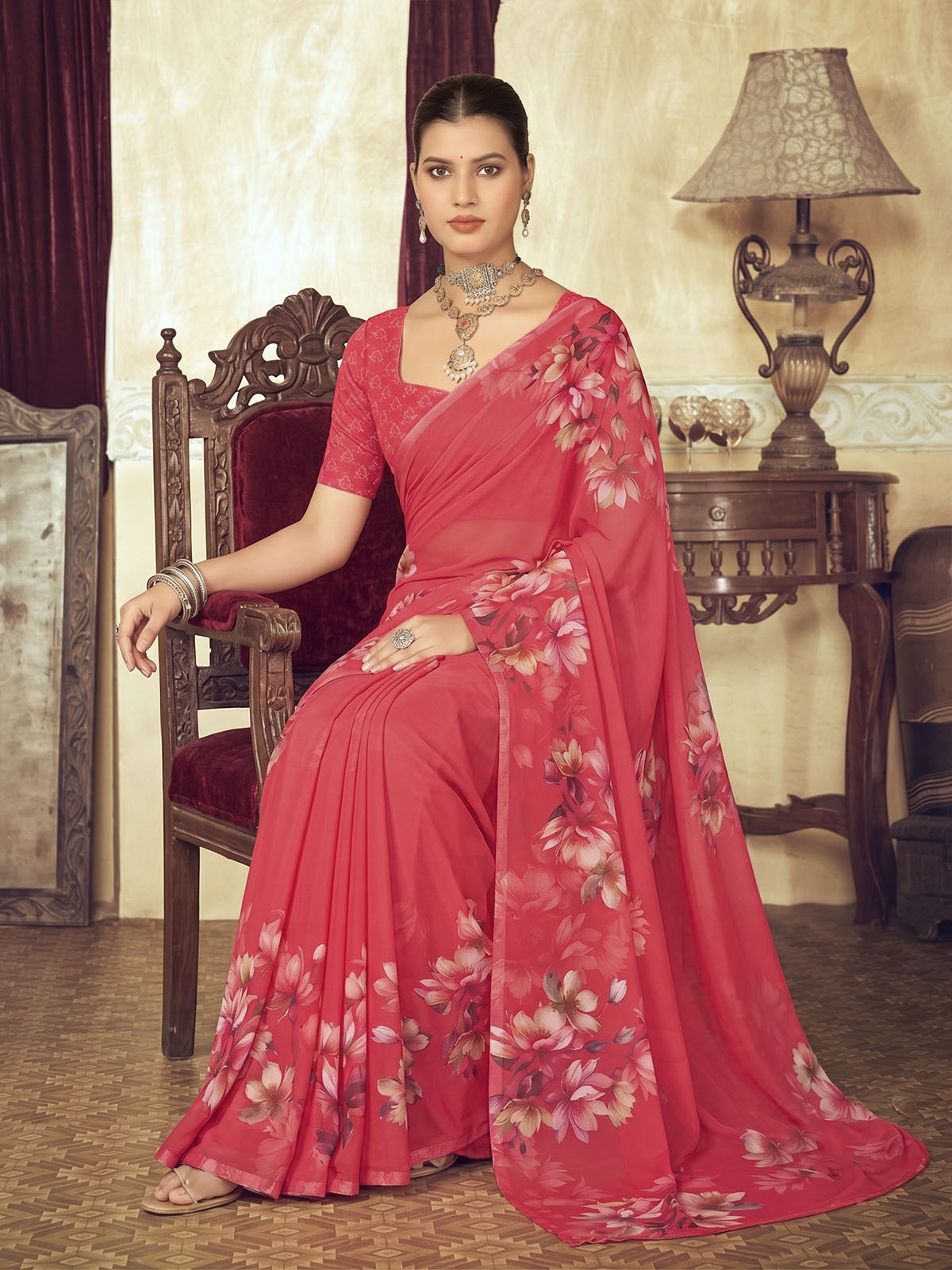 Riddhi - Red Georgette Floral Digital Printed Saree