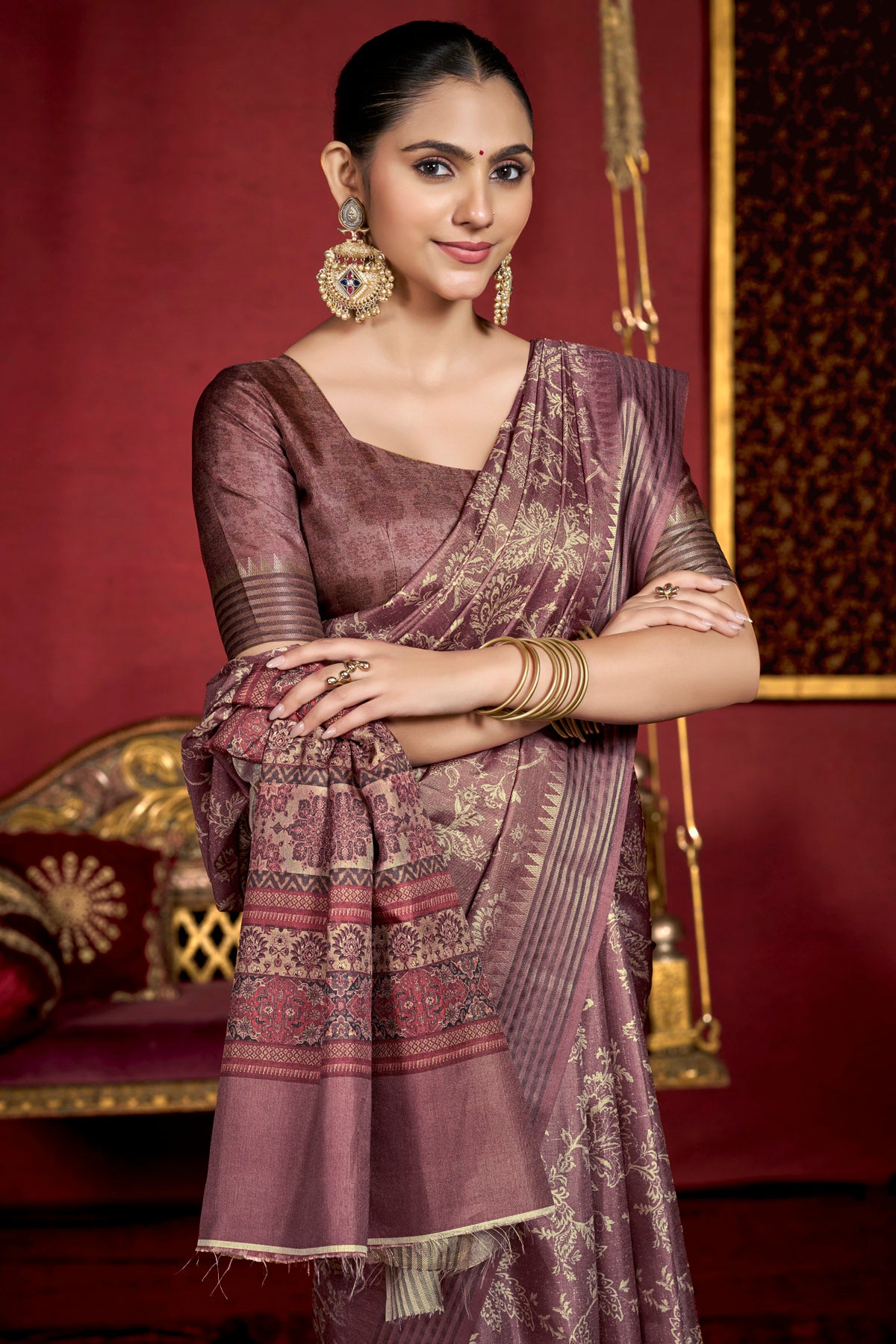 Veera - Purple Soft Silk Digital Printed Saree with Woven Border