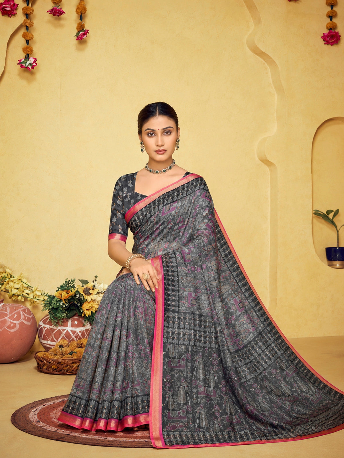 Amrapali - Grey Chanderi Cotton Digital Printed Saree with Zari Border