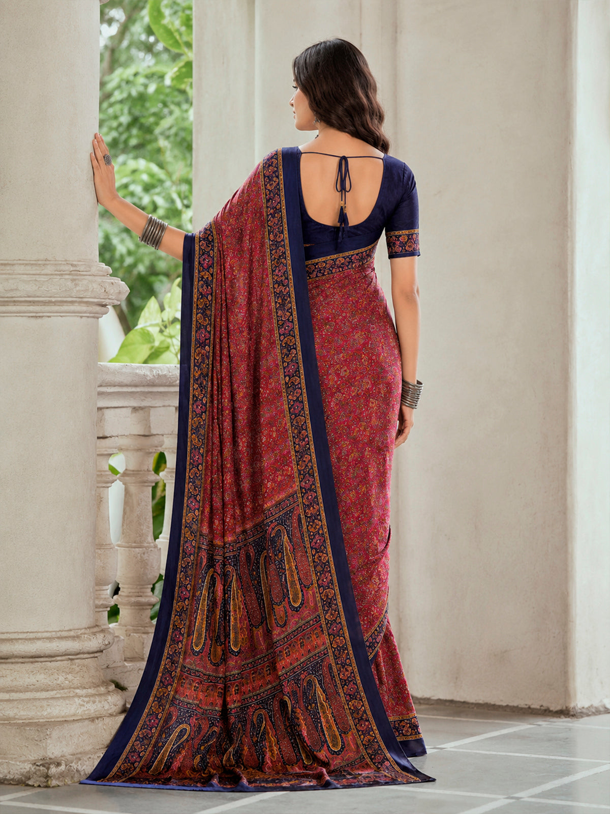 Rajkala - Maroon Printed Crepe Silk Saree